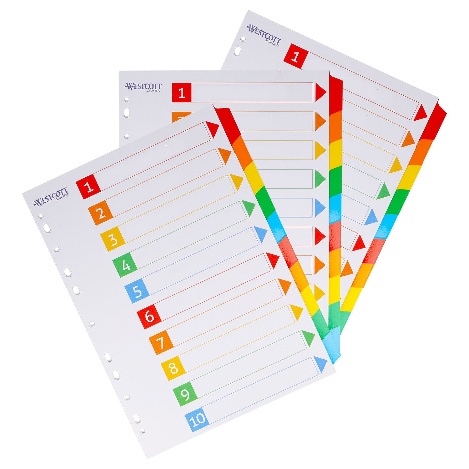 WESTCOTT Aktenordner Register für Ordner A4 (3er-Set), 3 x 10 Beschriftbare Trennblätter, Ordner Organizer 5 Farben, Robuste 160g/m² mit Eurolochung