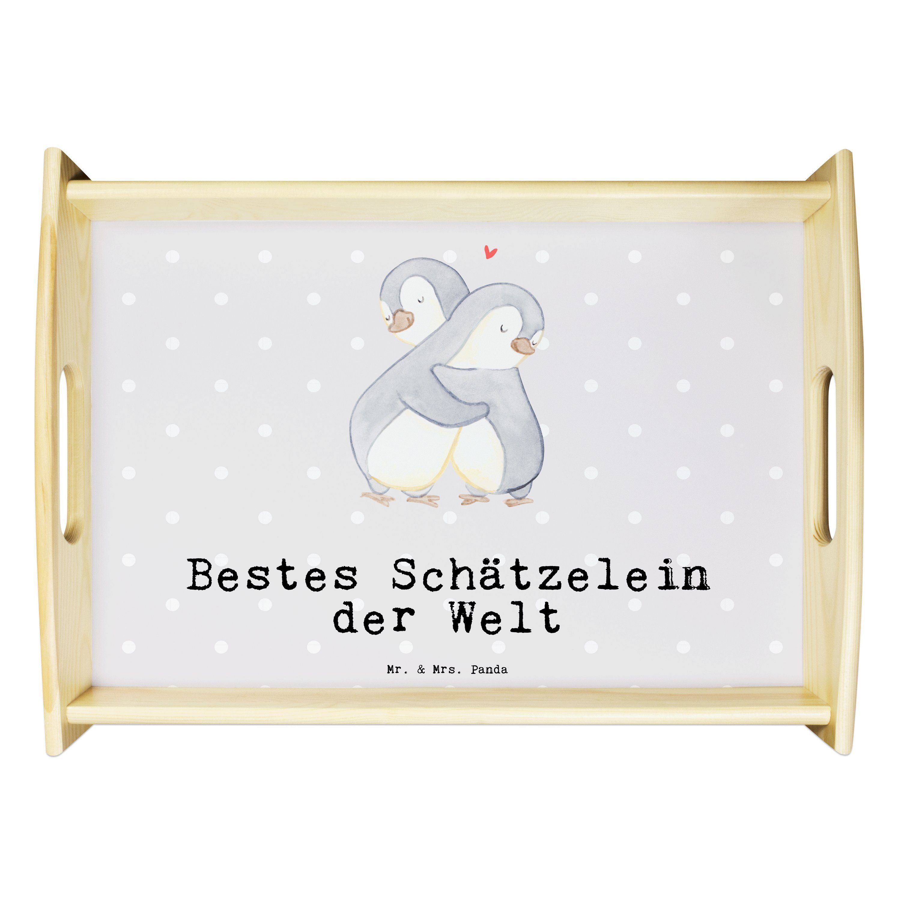 Mr. & Mrs. Panda Tablett Pinguin Bestes Schätzelein der Welt - Grau Pastell - Geschenk, Ehefra, Echtholz lasiert, (1-tlg)