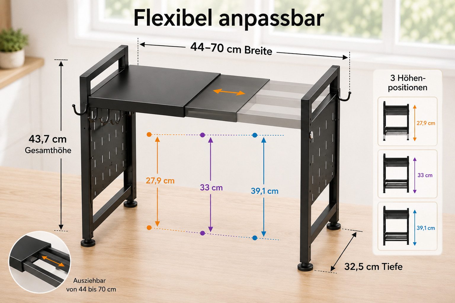 Best for Home Standregal Mikrowellen Regal 2-stufig ausziehbar für mehr Ordnung in der Küche, Einzelartikel 1-tlg., Breitenverstellbar 44–70 cm, 10 Haken, robus – Bild 3 von 5