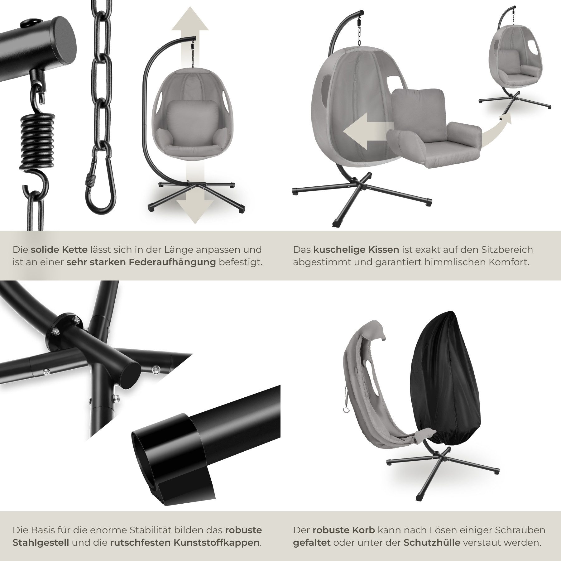 tectake Hängesessel Schaukelstuhl Anika mit Gestell und Kissen 160kg, mit extra dickem Sitzkissen, 360° drehbar