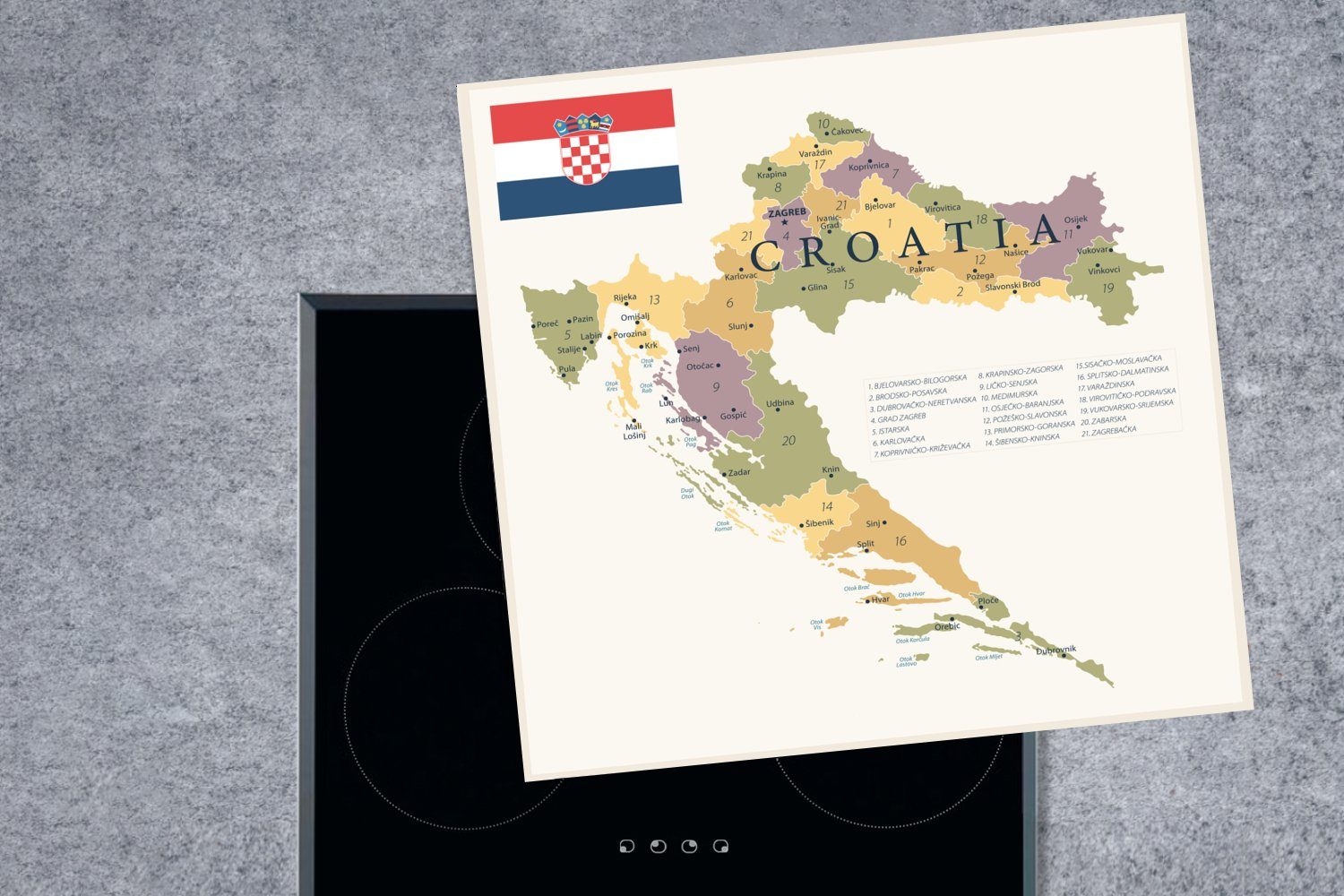 MuchoWow Herdblende-/Abdeckplatte Karte mit tlg), 78x78 cm, für küche und Gebieten, Vinyl, wichtigsten von Arbeitsplatte Ceranfeldabdeckung, (1 den Kroatien Städten