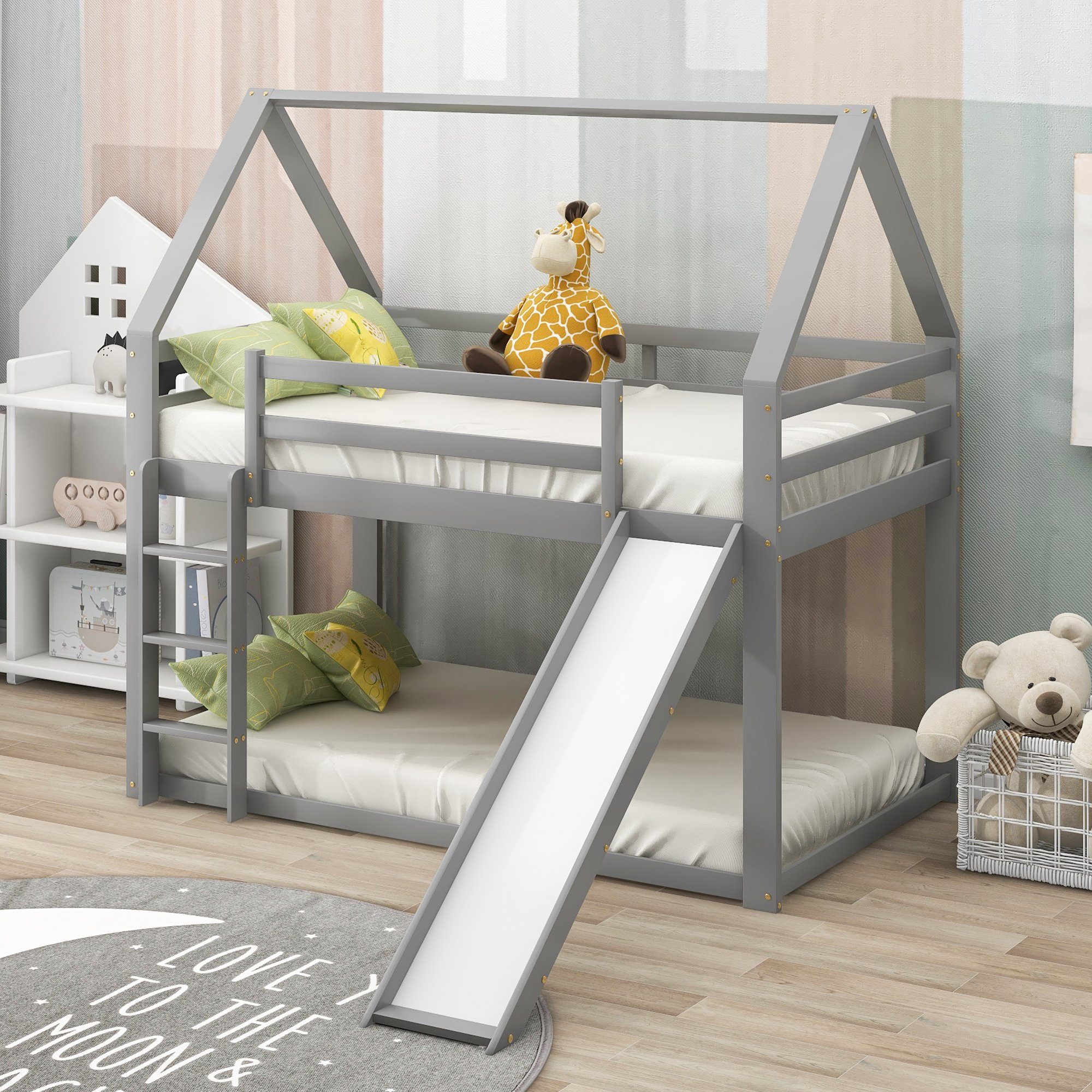 Etagenbett (inklusive Lattenrost, Rutsche, Leiter und Fallschutz), Hausbett Kinderbett mit 2 Schlafgelegenheiten, 90x200cm, Kiefer
