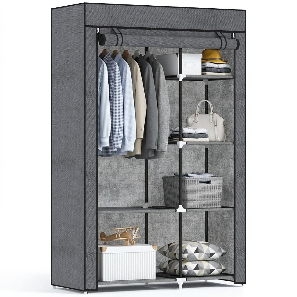 FELIXLEO Kleiderschrank Schrank aus Stoff 6 Regale 1 Kleiderstange Dunkelgrau
