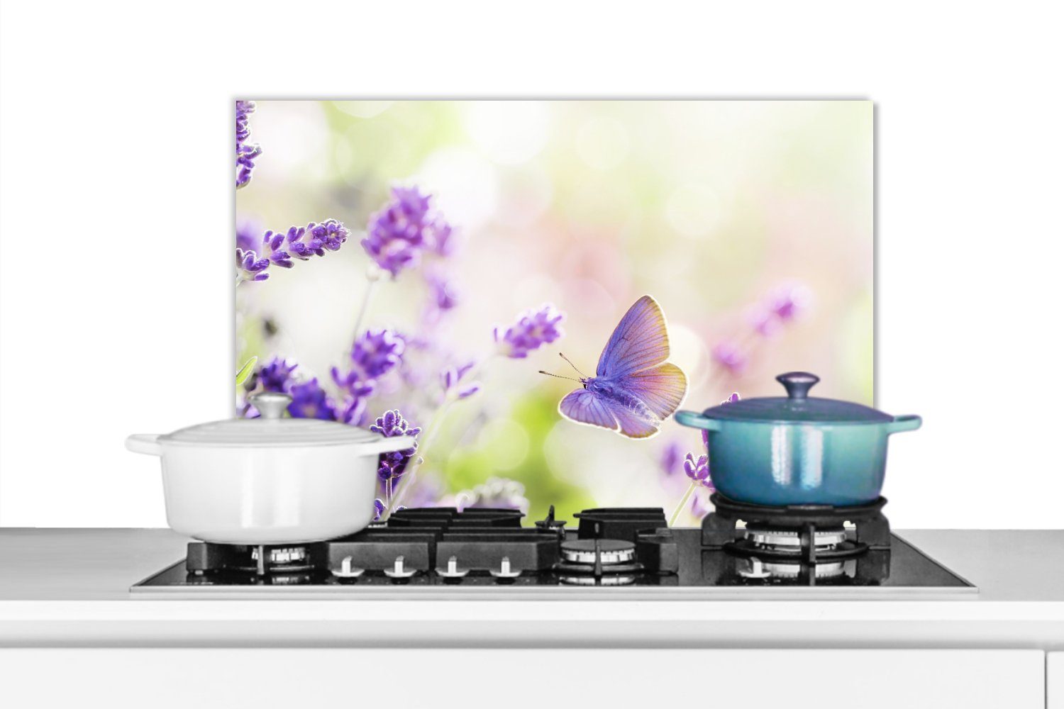 MuchoWow Küchenrückwand Lavendel - Schmetterling - Blumen, (1-tlg), 60x40 cm, Herdblende aus Wandschutz, Temperaturbeständig küchen