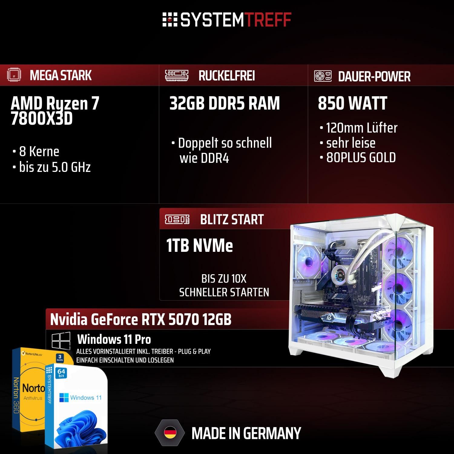SYSTEMTREFF AMD Ryzen 7 7800X3D mit Nvidia GeForce RTX 5070 12GB Gaming-PC (AMD 7800X3D 7800X3D, Nvidia GeForce RTX 5070, 32 GB RAM, 1000 GB SSD, Wasserkühlung)