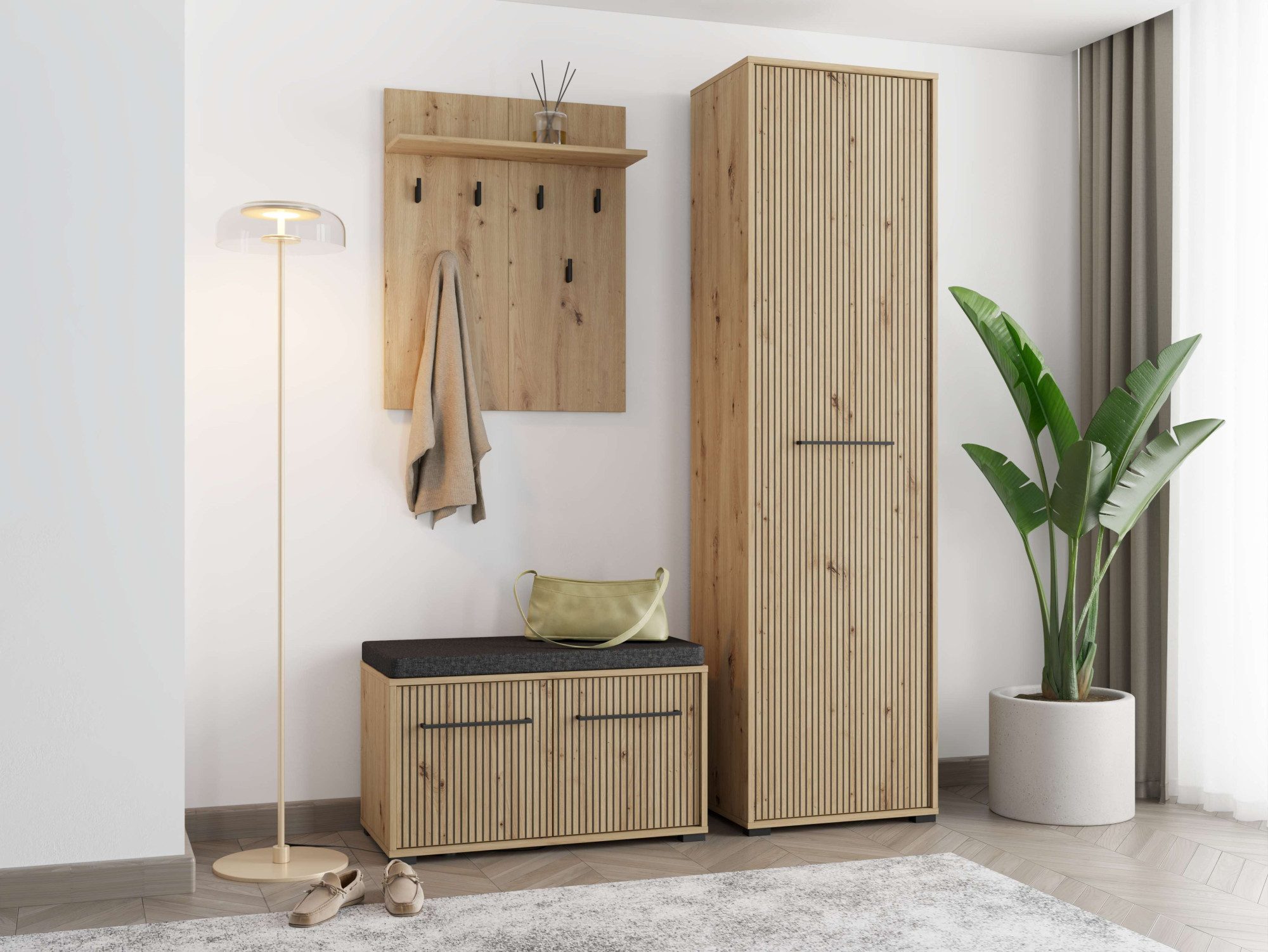 Home affaire Garderoben-Set Landes Flurmöbel, Dielenmöbel, Flurschrank, Flurgarderobe Br= 134,5 cm, (Komplett-Set, 3-St), Front Artisan Eiche mit dekorativen schwarzen Streifen