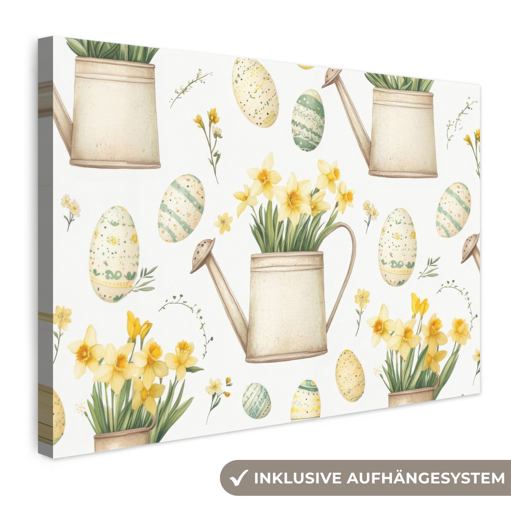 OneMillionCanvasses® Leinwandbild Gießkanne - Blumen - Eier - Ostern Deko, Fotodruck (1 St), Leinwand Bilder Klein, Wand Dekoration Aesthetic 30x20 cm