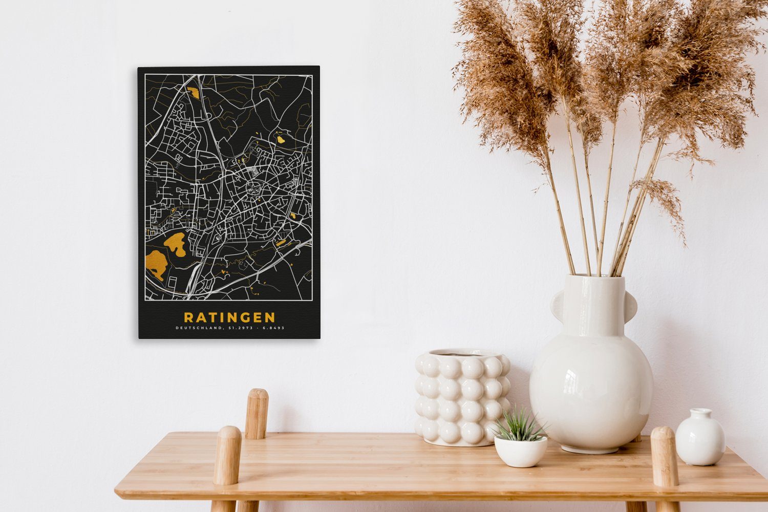 Leinwandbild Schwarz Zackenaufhänger, Karte, bespannt Gold OneMillionCanvasses® - Stadtplan cm Ratingen 20x30 - (1 Deutschland und - St), inkl. - Gemälde, fertig Leinwandbild