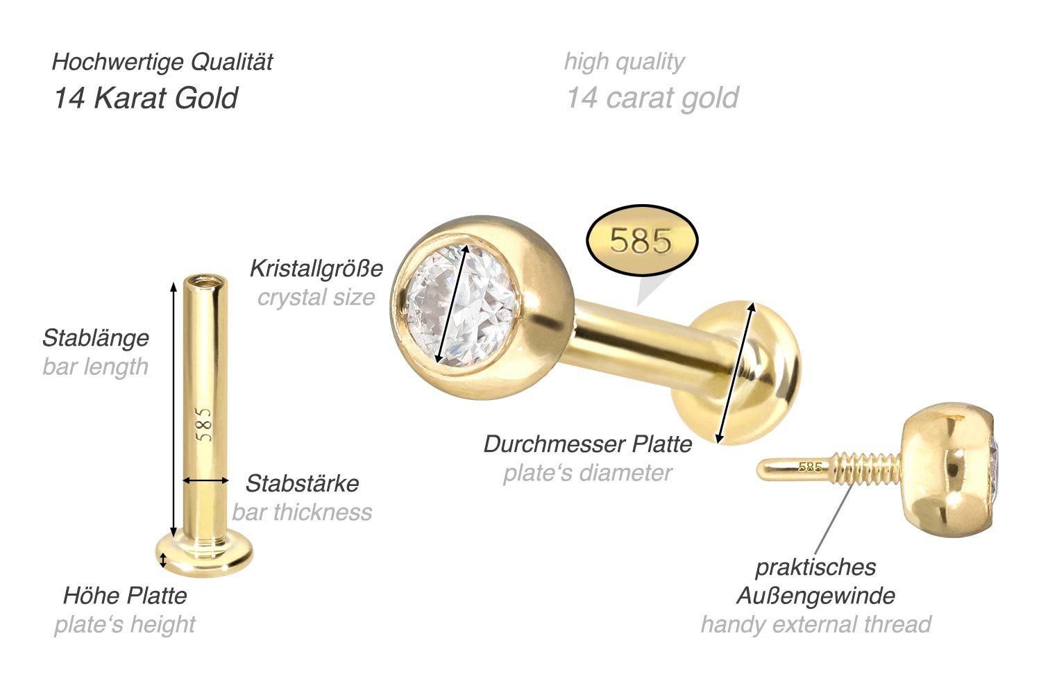 PIERCINGLINE Piercing-Set 14 Karat Gold Labret mit Innengewinde MOISSANIT ( günstig online kaufen