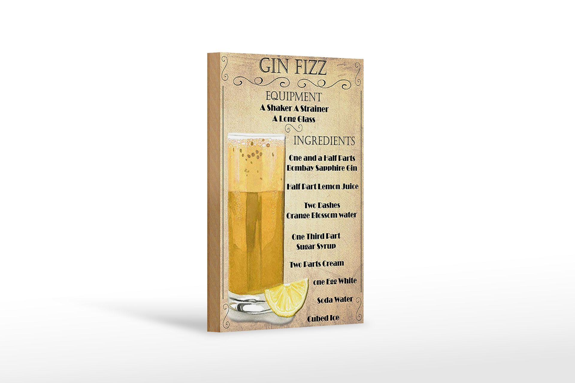 Holzbild Alkohol 12x18cm Gin Fizz Equipment beige