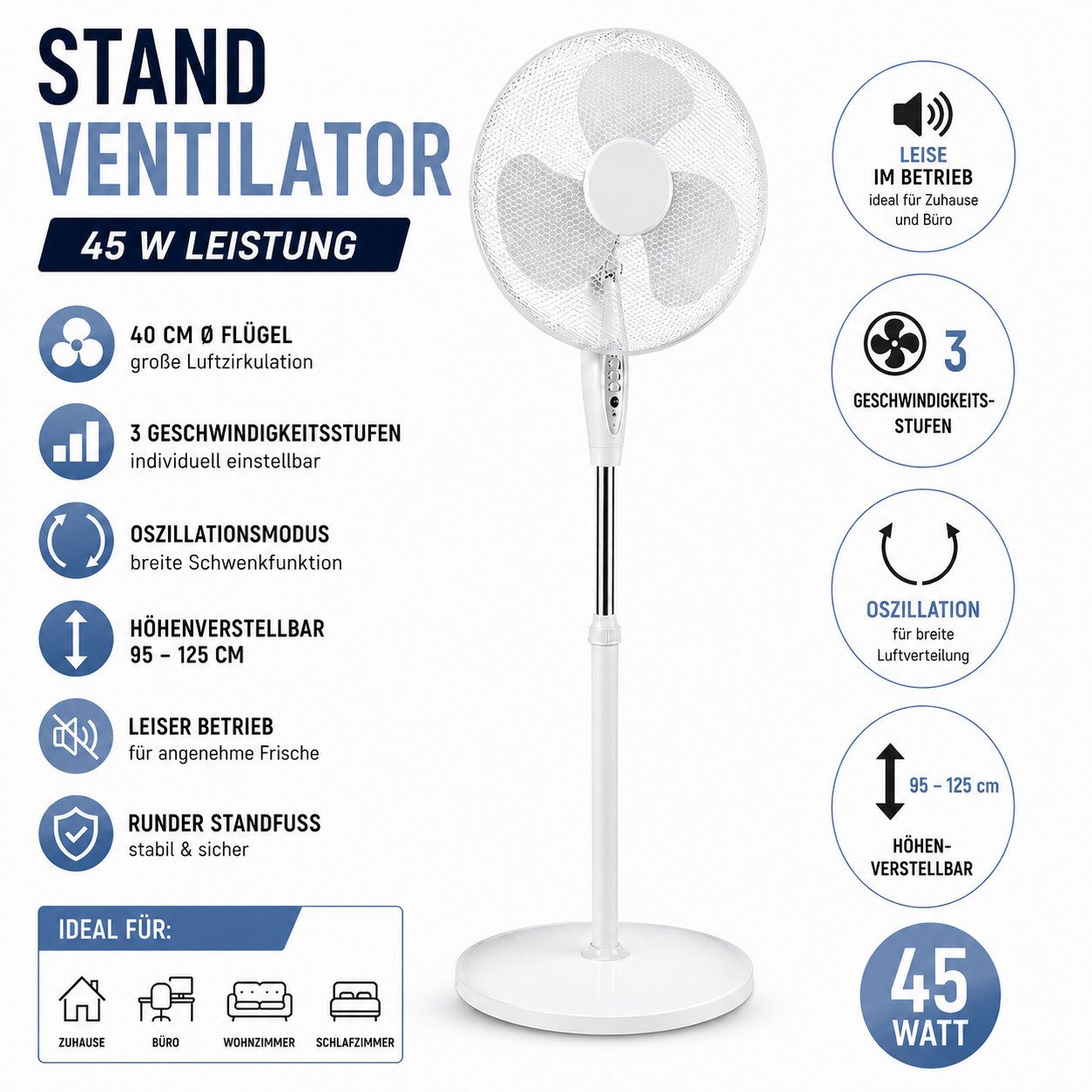 Standventilator Standventilator 45W Ventilator 40 cm Höhe 125 cm, RUNDFUSS Weiß