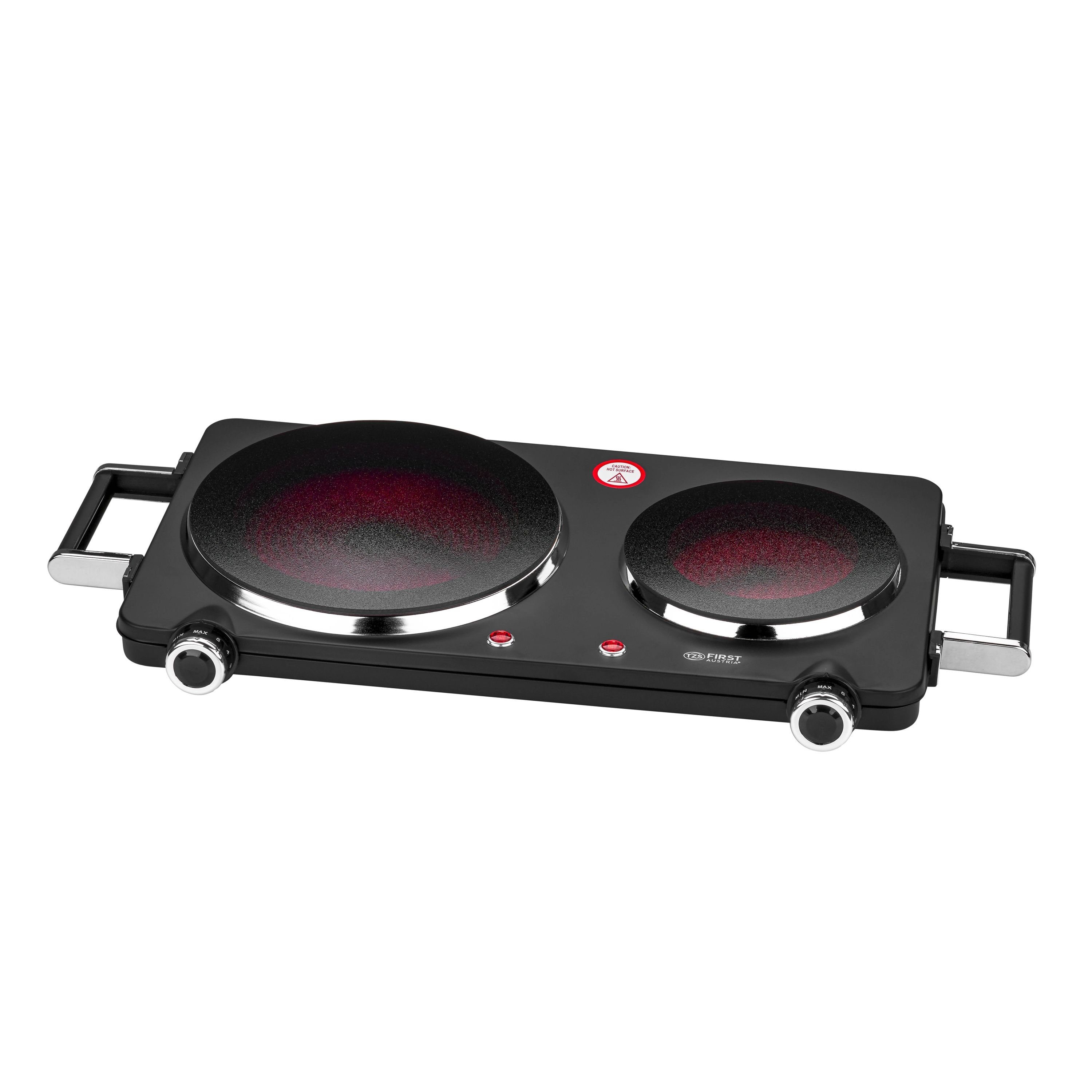 TZS FIRST AUSTRIA Doppelkochplatte Infrarot Kochplatte, mit Griffen, 2500W, Keramik, Temperaturregelung, Kochfeld Schwarz, Herdplatte für Camping