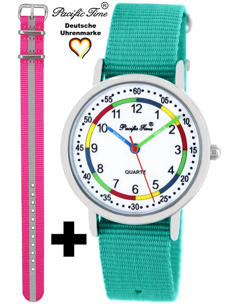 Pacific Time Quarzuhr Set Kinder Armbanduhr First Lernuhr Wechselarmband, Mix und Match Design - Gratis Versand Reflektor pink und türkis