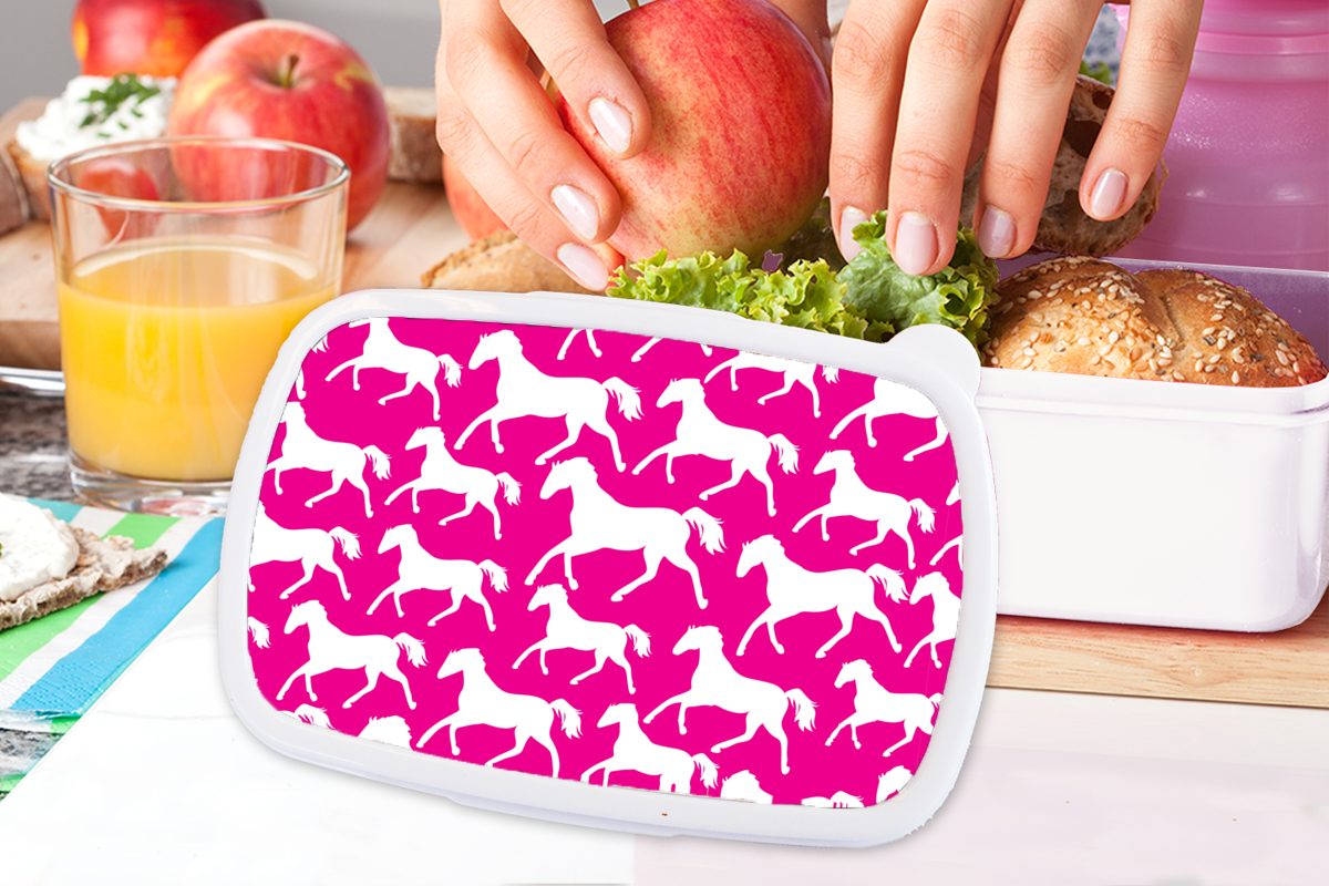 MuchoWow Lunchbox Pferde - Weiß Brotdose, Brotbox Mädchen für und Kunststoff, für Kinder - Tiere Erwachsene, Mädchen, Jungs Mädchen - Kinder und - (2-tlg), 