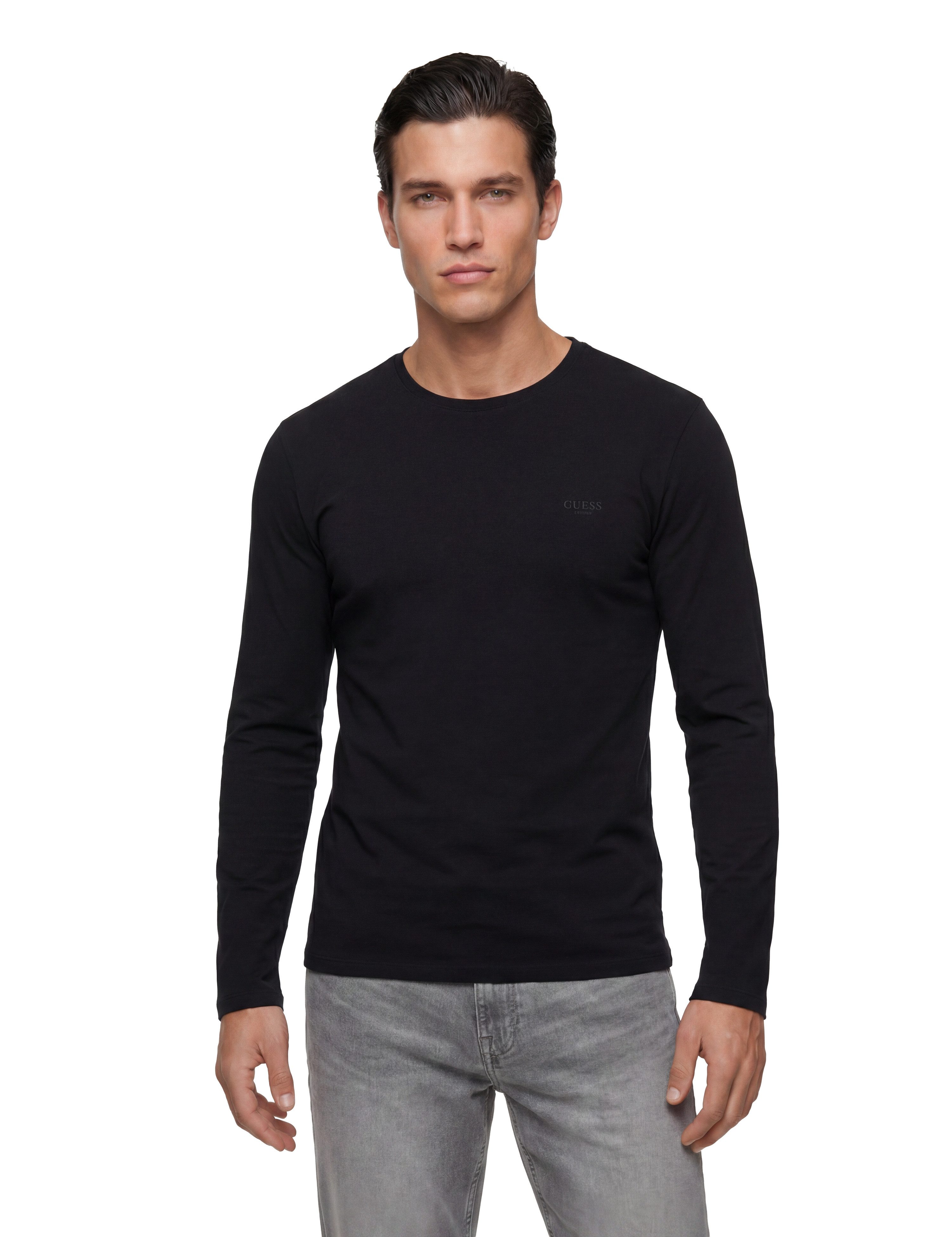 Guess Langarmshirt Rundhalsausschnitt, Bamwoll-Mix, Logodrck