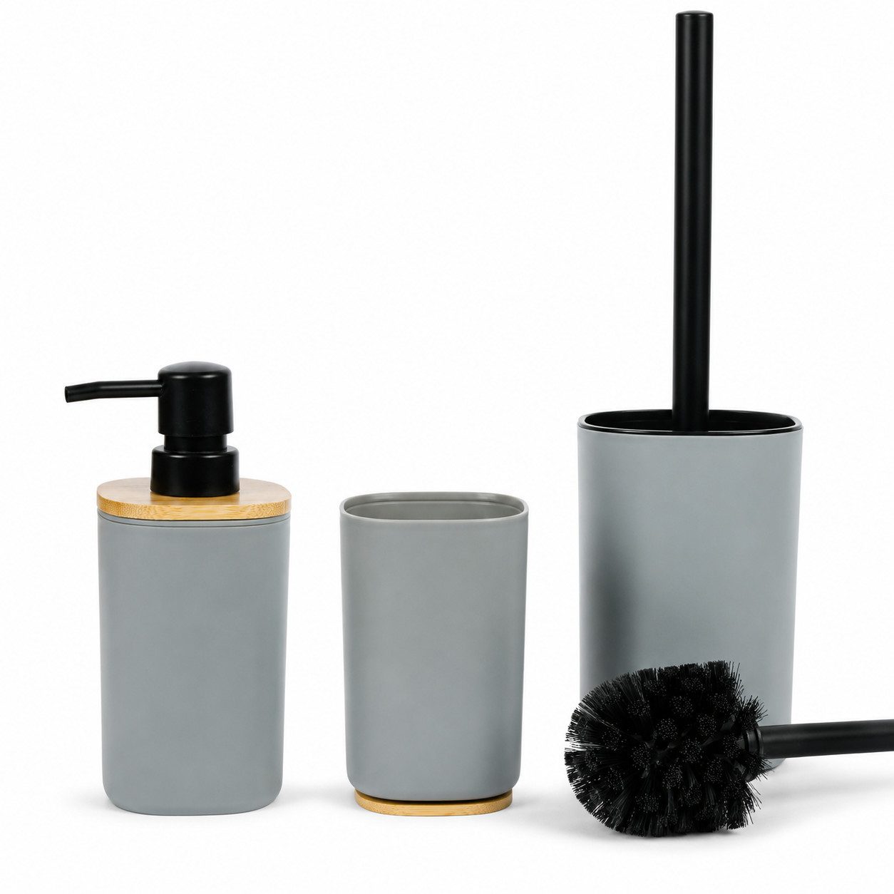 ReWu Badezimmer-Set Testrut Badset, 3-tlg., grau, (3 Teilig, 3-St., 3 Teilig), In Grau gehalten mit Bambus Applikationen