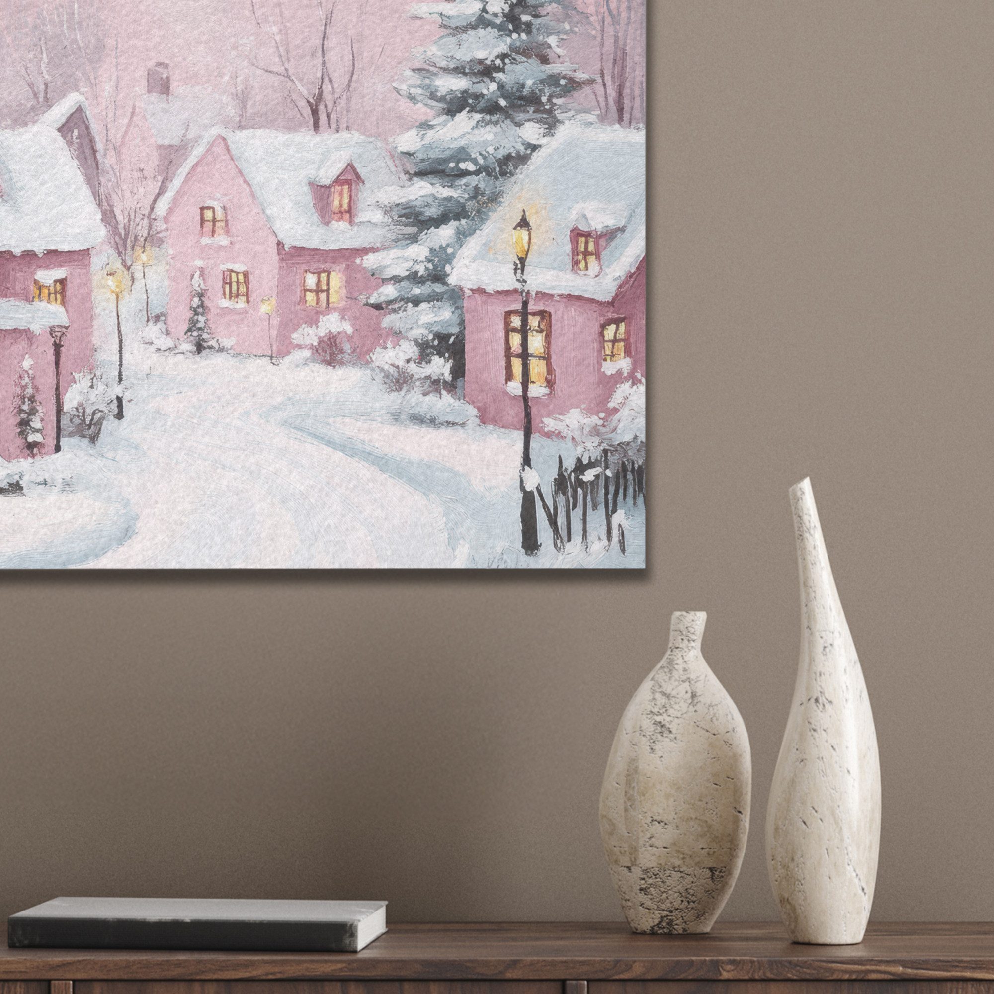 MuchoWow Gemälde Weihnachtsdorf - Rosa - Winter - Schnee - Häuser, Fotodruck (1 St), Akustikpaneele PET-Filz, Akustikbild, Schalldämmung, Deko 40x30 cm