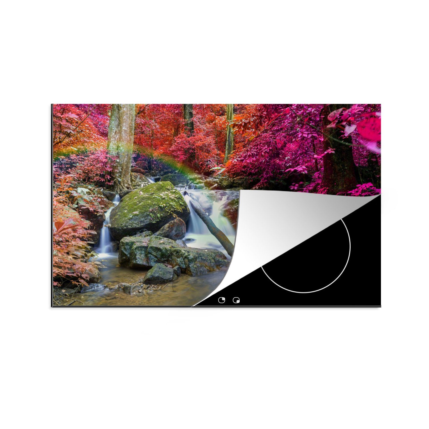 Vinyl, tlg), - Regenbogen Herdblende-/Abdeckplatte Induktionskochfeld (1 - MuchoWow küche, - cm, Moos, - Steine 80x52 Bäume für die Schutz Wasserfall Ceranfeldabdeckung
