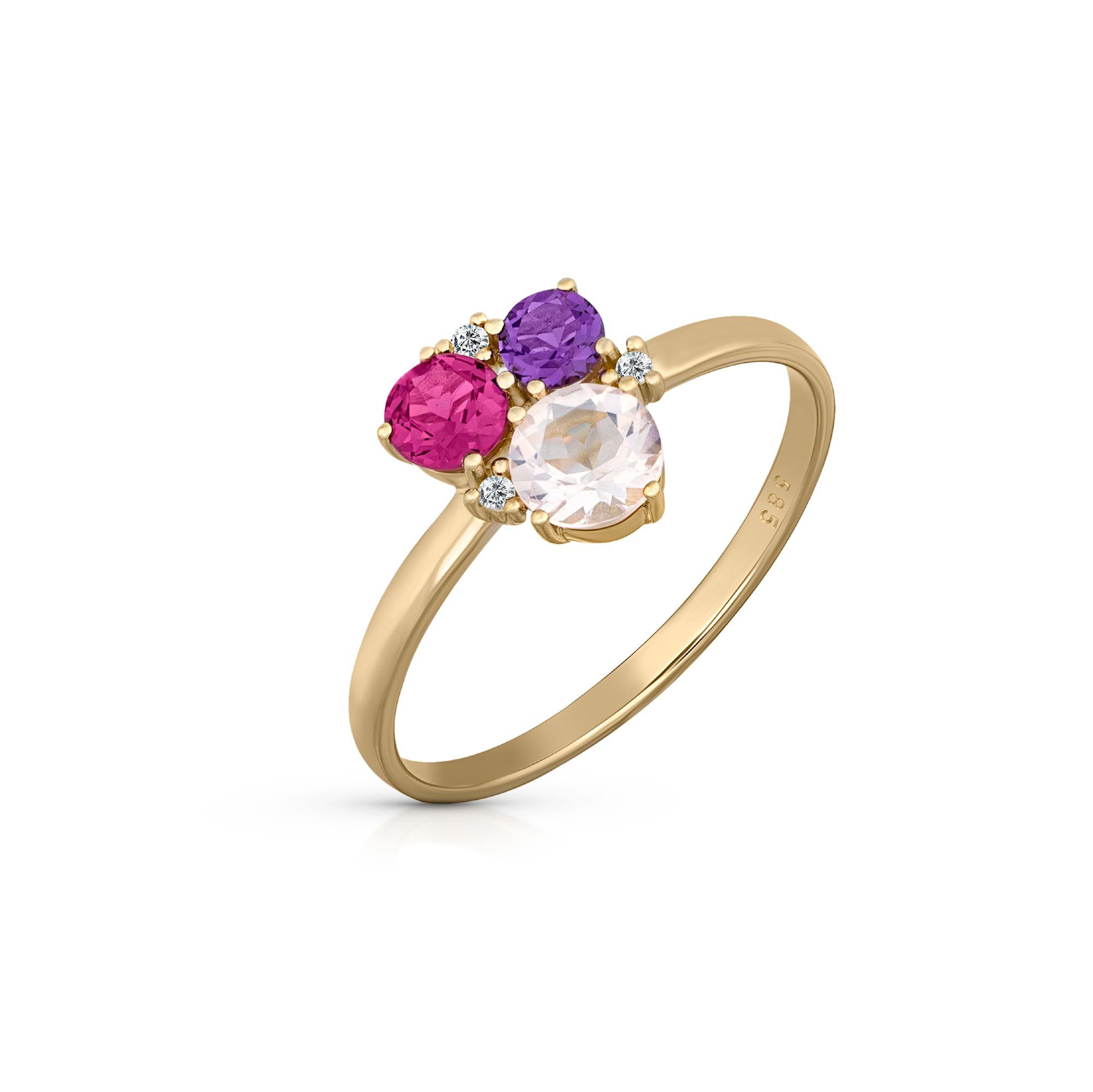 Orolino Fingerring Gold 585 mit Rosaquartz Amethyst Rhodolith Brillant