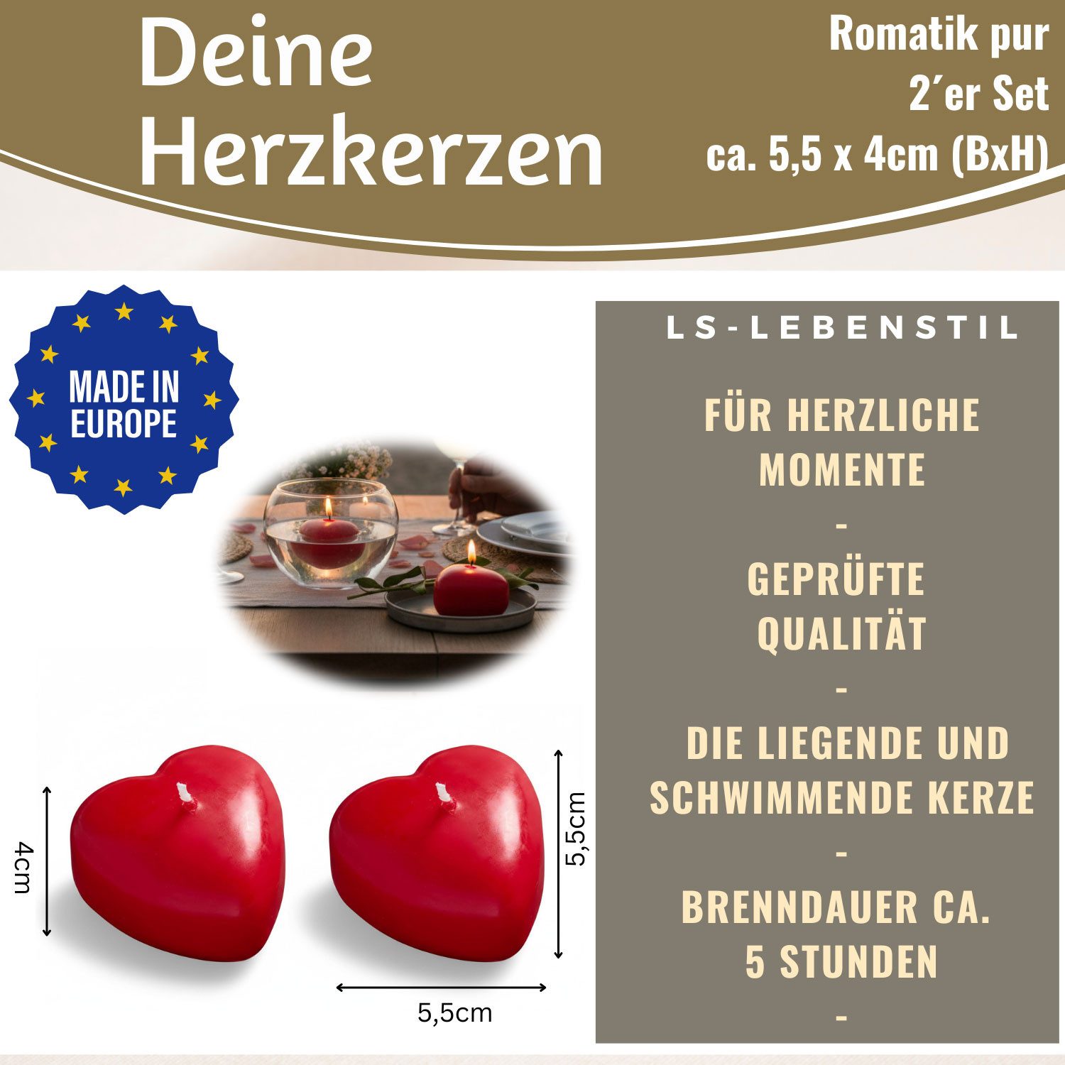 LS-LebenStil Teelicht XL Herzkerze Ribe 2´er Set Rot 5,5x4cm 2cm Wachskerzen herzförmig (Set, 2-tlg., auch als Schwimmkerze - Qualität Made in EU - Brenndauer bis 5 Std), Extra dicke und breite romantische Teelichter