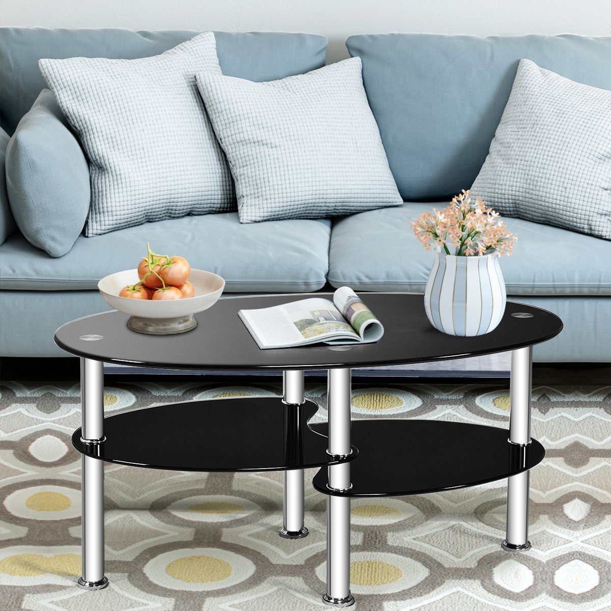 COSTWAY Glastisch, Couchtisch Glas, Oval, Metallrahmen, günstig online kaufen