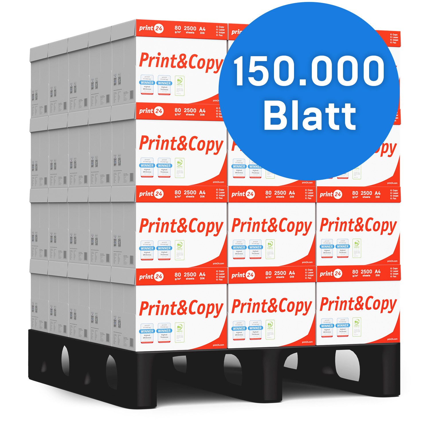 print24 Druckerpapier Kopierpapier 150000 Blatt A4 80g Premium Weiß PEFC zertifiziert