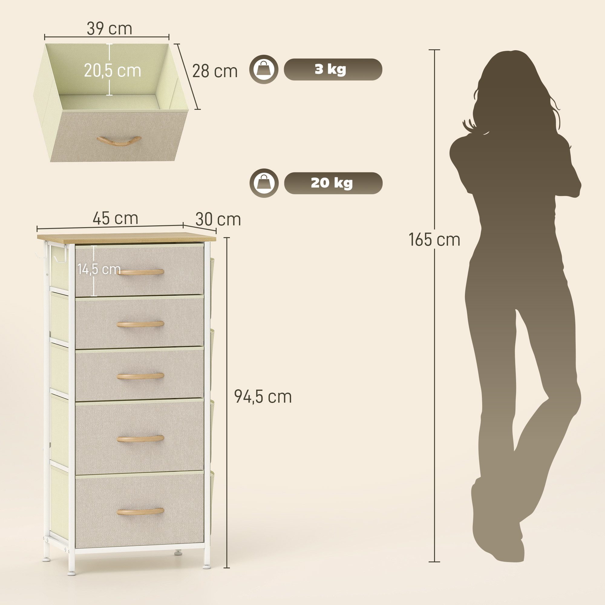 HOMCOM Kommode Aufbewahrungsschrank mit Haken, Stahlrahmen, Sideboard (Schrank, 1 St., Schubladenschrank), Kippsicherung, verstellbare Füße, mit Taschen