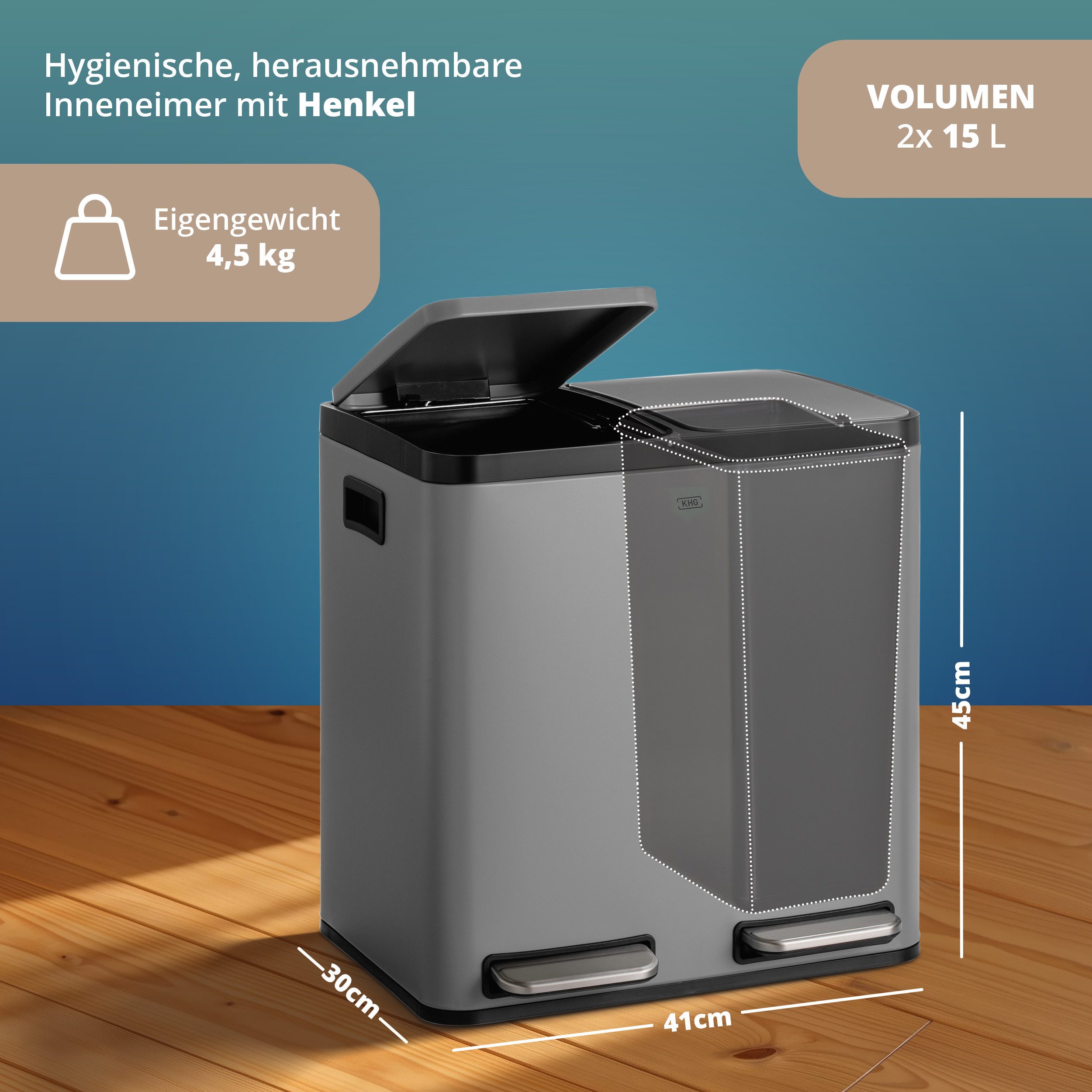 KHG Mülltrennsystem Mülleimer Grün pulverbeschichtet 30 Liter (2x15 L) Trittmechanismus, Metallgehäuse mit Griffmulden, herausnehmbare Kunststoff-Inneneimer