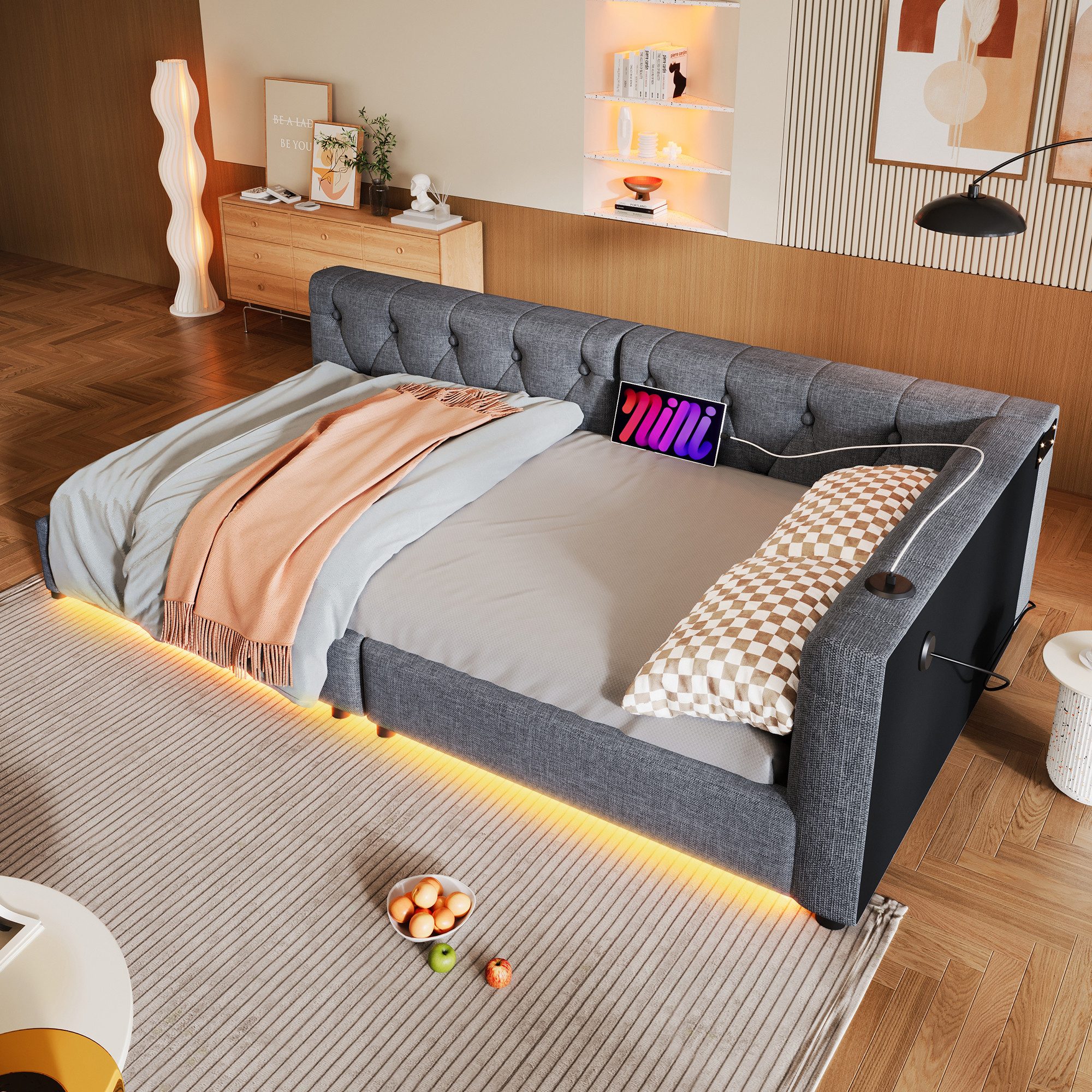 Flieks Daybett, Daybett Schlafsofa Einzelbett Tagesbett 90x200cm mit USB-Aufladen