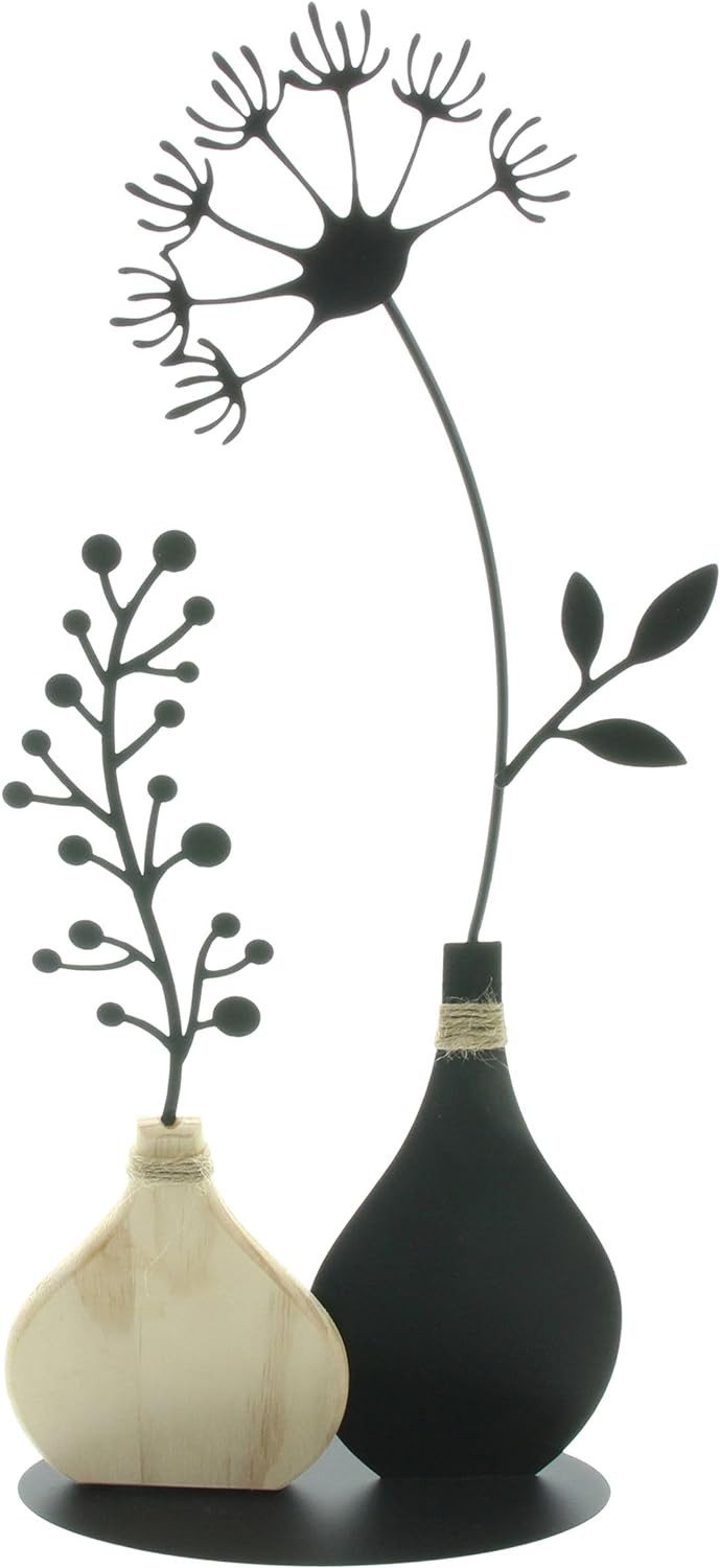 Dekoleidenschaft Dekoobjekt "Vasen" aus Metall, schwarz & Holz, 49 cm hoch, Tischdeko, Dekofigur, Metalldeko, Wohnzimmer Dekoration, Vase
