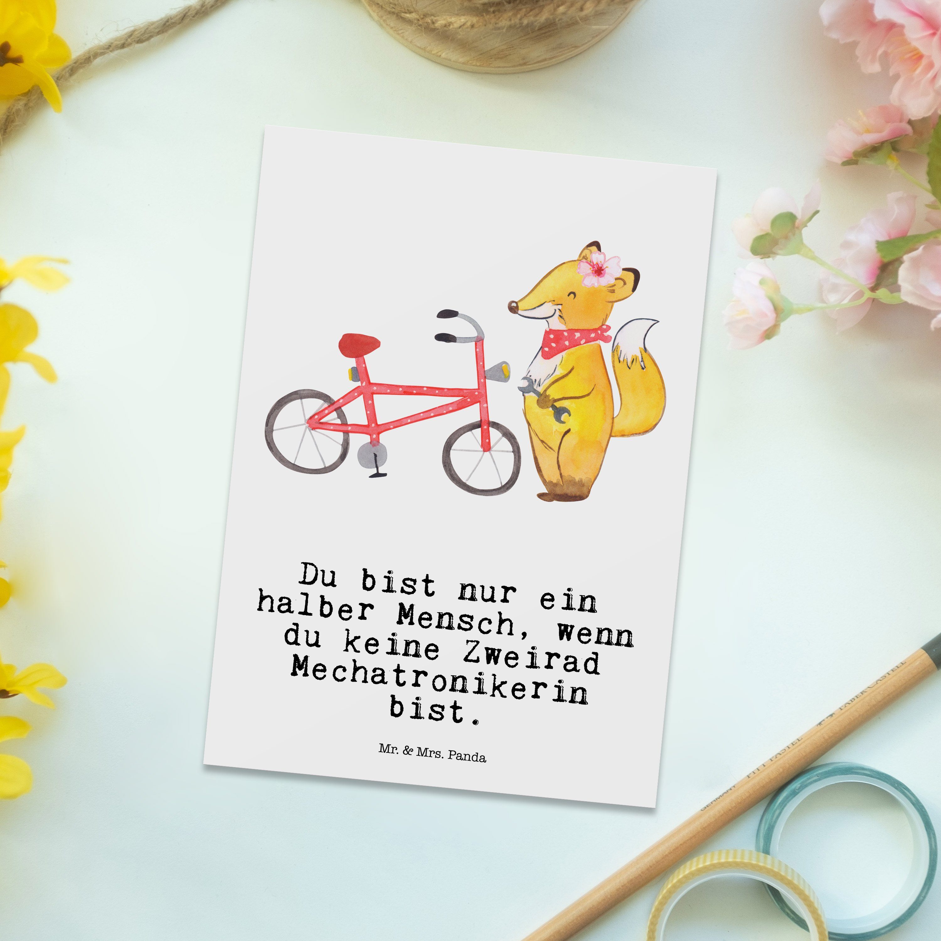 - Panda & Mrs. Zweirad Weiß Geburtstagskarte Herz Postkarte Mechatronikerin - Mr. mit Geschenk,