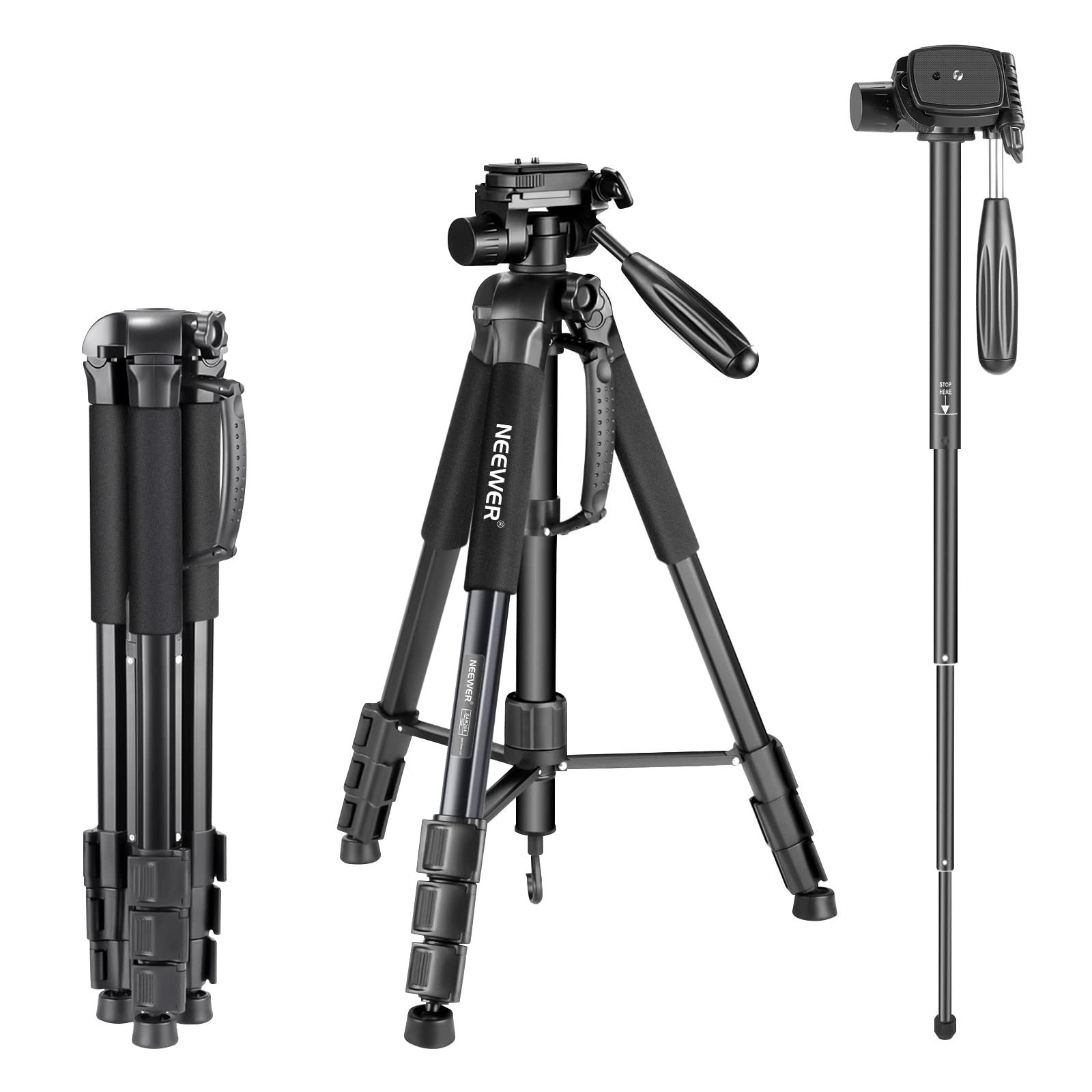 Neewer SAB264 Tragbarer 177cm Aluminium Legierung Kamera Stativ Dreibeinstativ (Höhenverstellbar, 3-Wege-Schwenkkopf, Einbeinstativ für DSLR-Kamera)