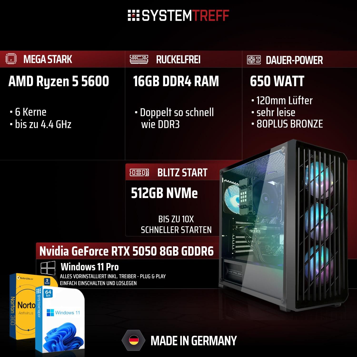 SYSTEMTREFF AMD Ryzen 5 5600 mit Nvidia GeForce RTX 5050 8GB GDDR6 Gaming-PC-Komplettsystem (24", AMD 5600 5600, Nvidia GeForce RTX 5050, 16 GB RAM, 512 GB SSD)