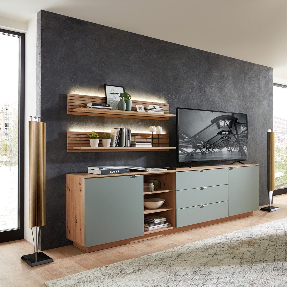 Lomadox Set Fernsehschrank Wohnwand, 2 grün mit mit CUST-36, 240 (3-St., 3-tlg), Eiche Wohnwand cm, Wandboards
