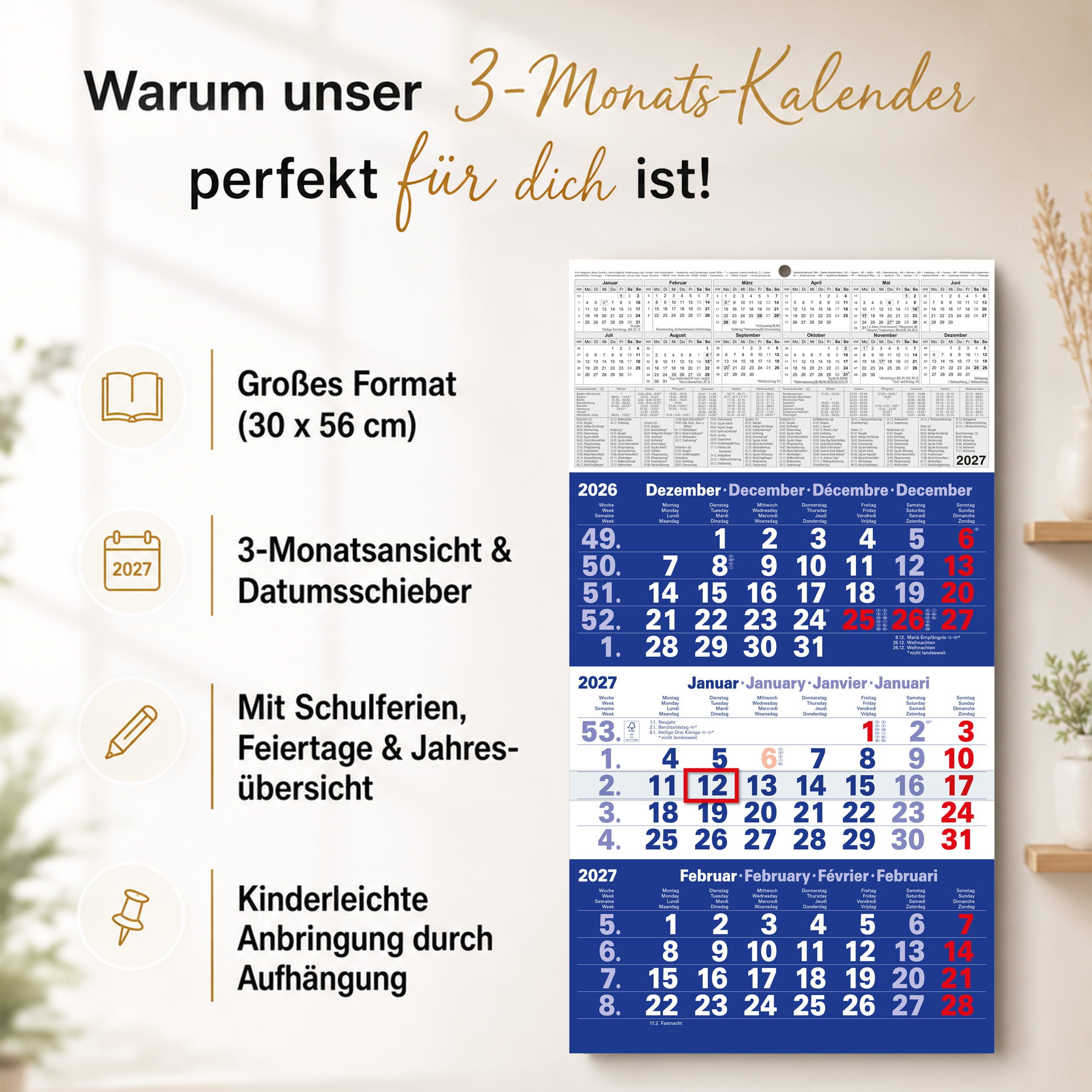TOBJA Wandkalender 3 Monatskalender 2027 Blau mit Datumsschieber 30x56 FSC, Blau, Datumsschieber, Schulferien DE+AT, 4-sprachig, FSC-zertifiziert
