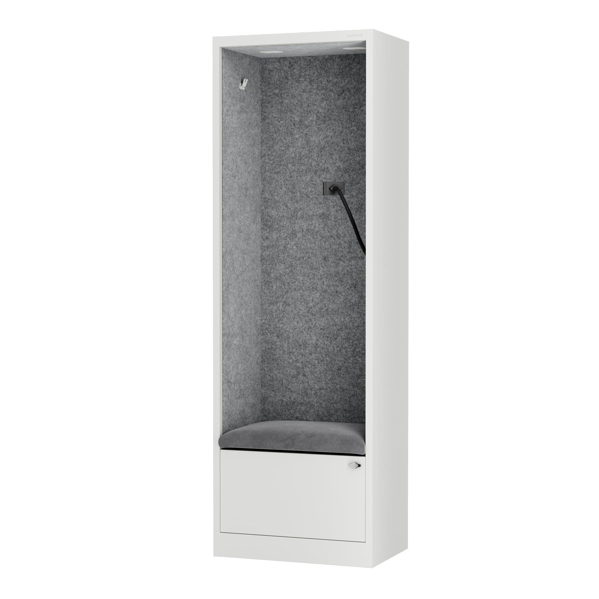 Jan Nowak Akustikkabine Telefonkabine SALLY 60 cm NRC 0,8 Sitzplatz USB-C, Stahl pulverbeschichtet recycelte PET-Paneele B1 185 x 60 x 40 cm, Bürokabine schallabsorbierend PET offen 4 Rahmen 4 Polsterfarben
