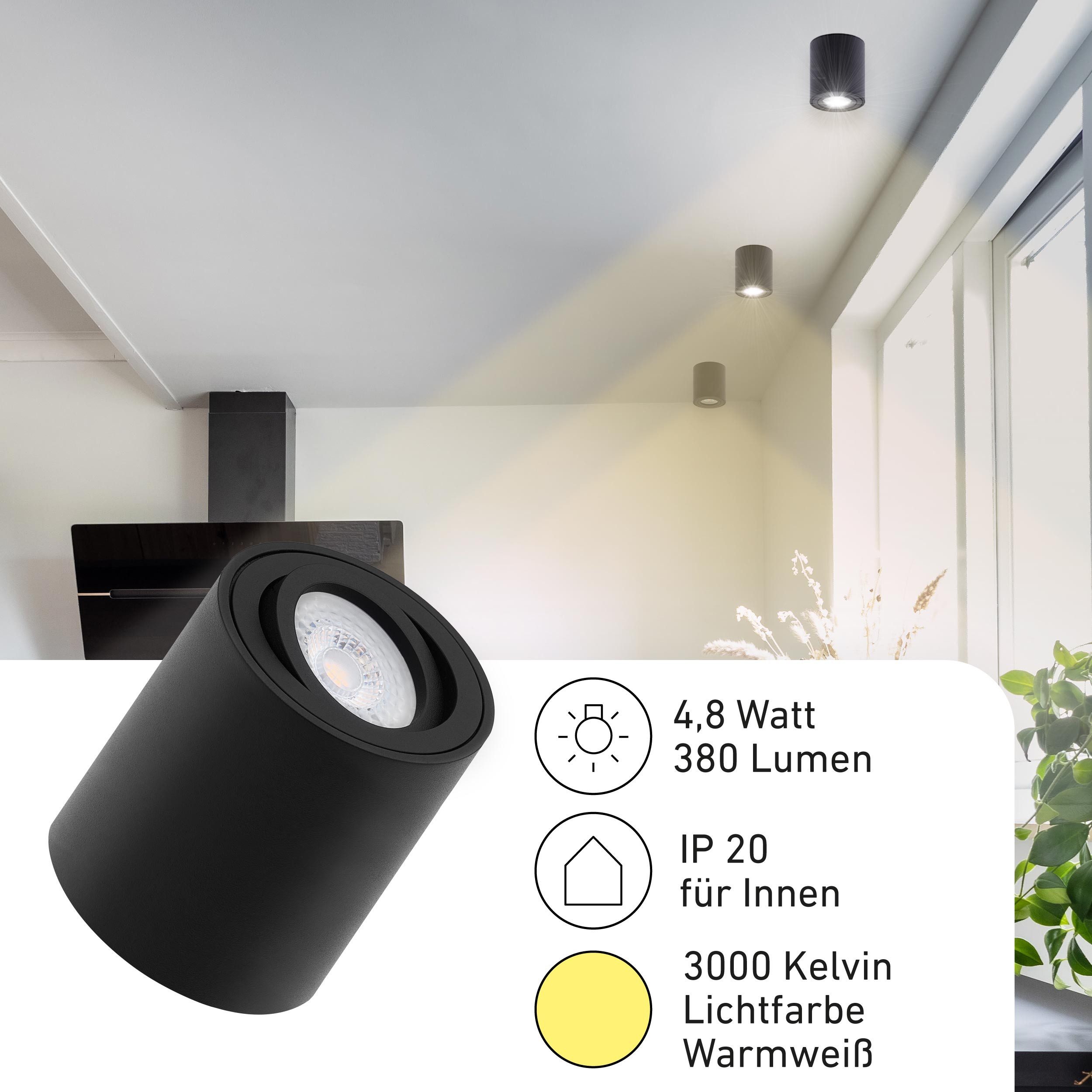 Oktaplex lighting LED Deckenstrahler Lile M Aluminium Aufbaustrahler schwarz dimmbar, Dimmbar, Leuchtmittel wechselbar, warmweiß, 3000 Kelvin 230V 30° schwenkbar Höhe 80mm schwarz