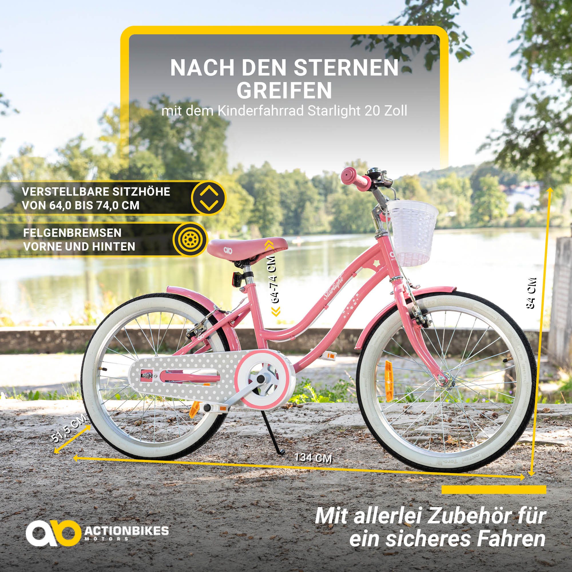 Actionbikes Motors Kinderfahrrad Starlight inkl. Fahrradkorb, 1 Gang, (Kinder Fahrrad, Fahrrad für Kinder, Fahrrad ab 6 Jahre, Fahrrad mit Ständer, 20 Zoll, 16 Zoll & 12 Zoll), höhenverstellbares Bike Mädchen Rad Kinderrad ab 6 Jahre