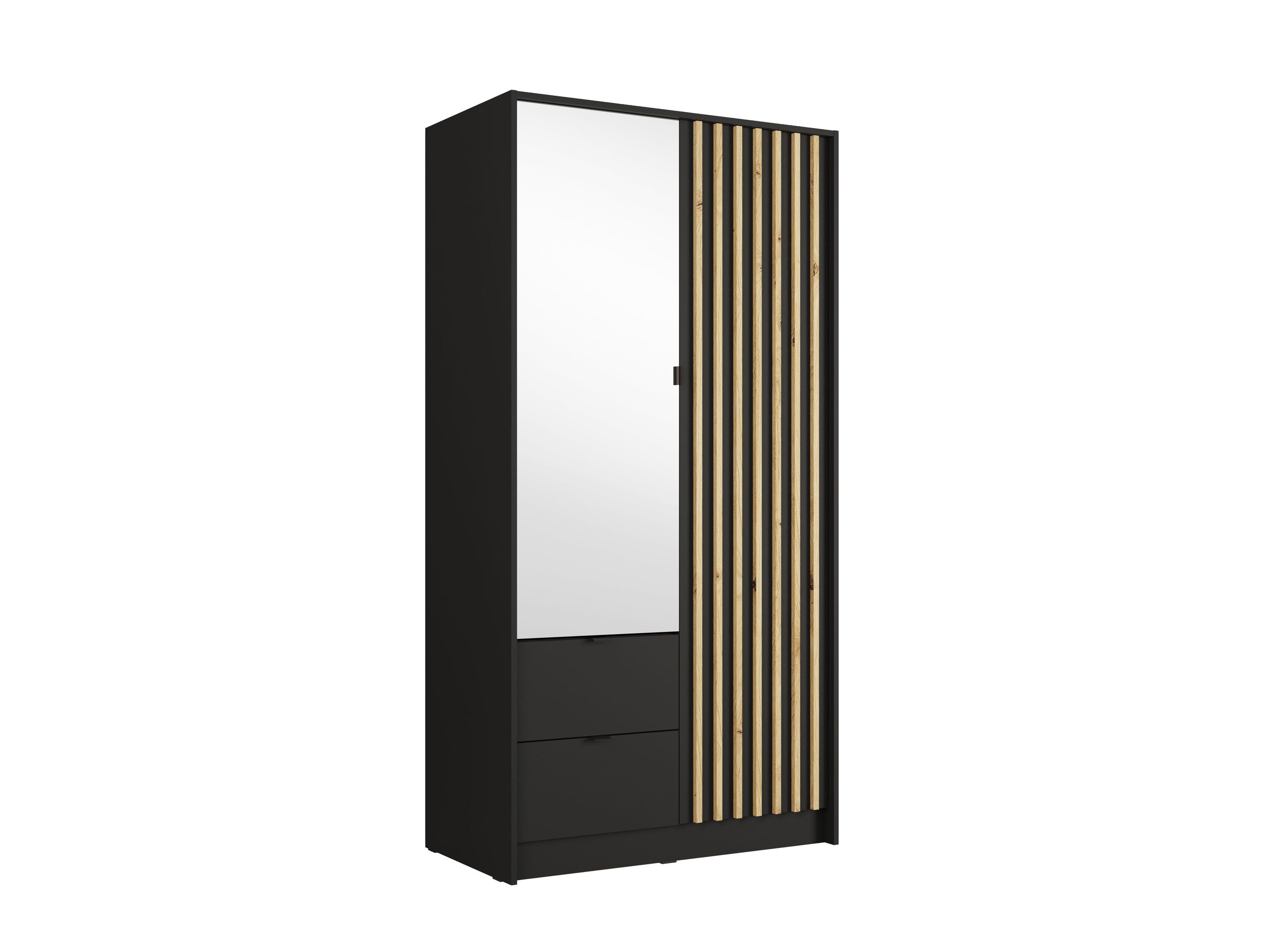 Raumhirsch Furniture Kleiderschrank Garderobenschrank, Drehtürenschrank, Schrank mit Spiegel (Maße: 101,7 x 54,5 x 200,5 cm, einfache Montage) Lamellen, Kleiderstange, 2 Schubladen, 2-türig