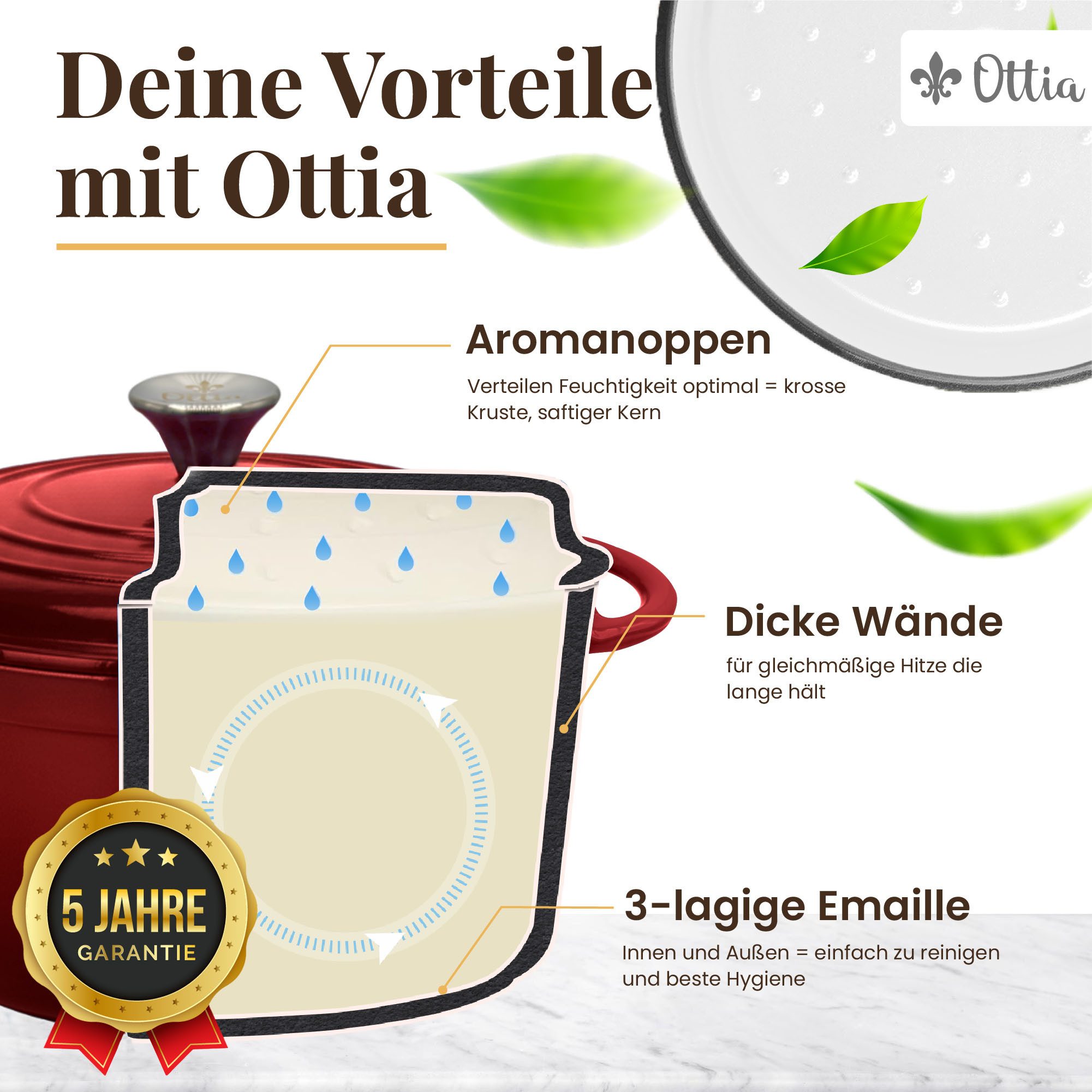 Ottia Schmortopf Gusseisen Topf lc, 26cm groß, 5L, Bräter, Brotbacktopf, Gusseisen, 3-fach Emaille, Händler aus Hamburg