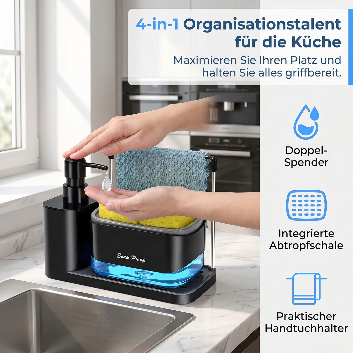 AKKEE Spülmittelspender Aufbewahrungsregal mit Handseifenspender, 350 ml