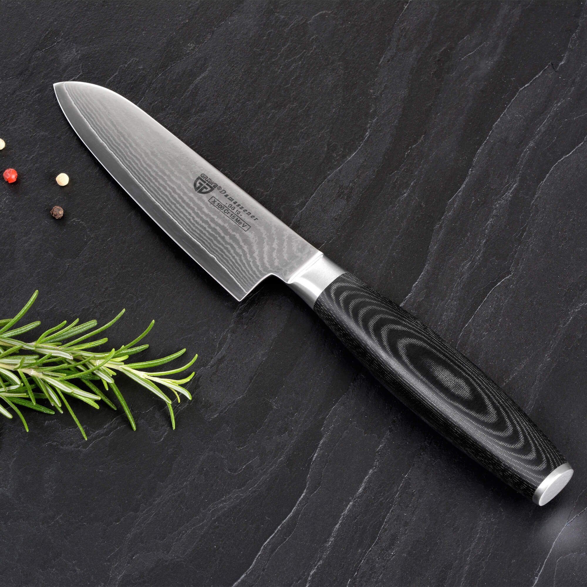 GRÄWE Damastmesser GRÄWE Damaszener Santokumesser 12,5 cm Klinge, 65 lagig mit Micartagri