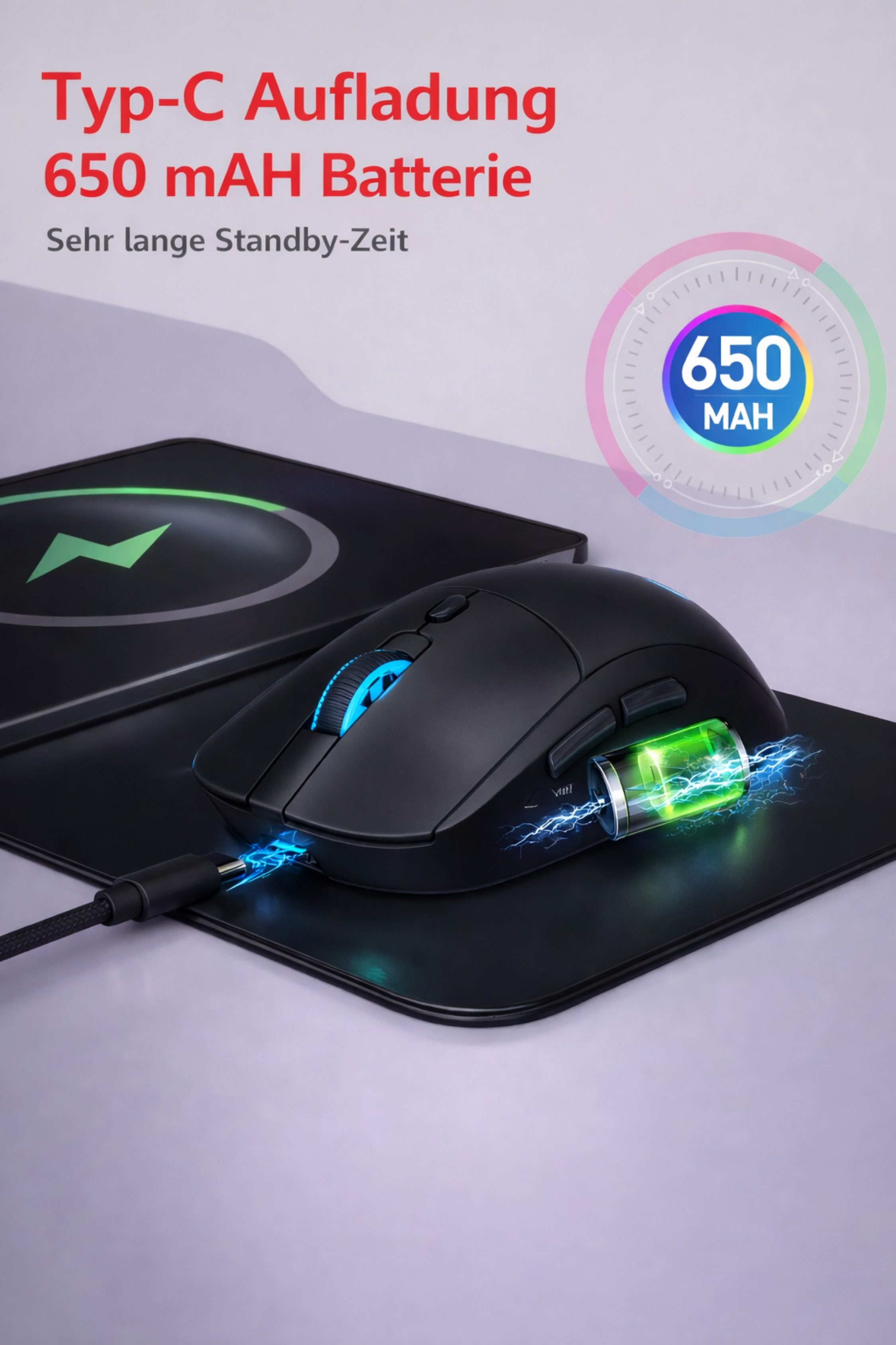 RUHE Gaming Maus RGB Kabellos Wireless Büro Laut Beleuchtung Plug & Play Maus (Funk, 2.5G, USB-Dongel, Kabelgebundene Aufladung, Drahtlos, Optische Maus, Ergonomisch, 4800 dpi, Einstellbar DPI Schwarz Weiß 6 Tasten 10M für Laptop/PC/Mac/Computer)