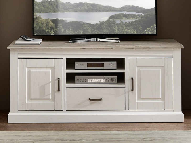 möbelando TV-Board Lima, TV-Lowboard in Pinie hell, Front MDF, Korpus Pinie hell Nachbildung aus Spanplatte, Oberböden aus MDF in Taupe, Griffe aus Metall in Alt-Antik, mit 2 Holztüren, 1 Schubkasten, 2 Einlegeböden, 2 offene Fächer, Soft-Close-Schubkastenauszug, Soft-CloseScharniere. Breite 150 cm, Höhe 65 cm, Tiefe 52 cm.