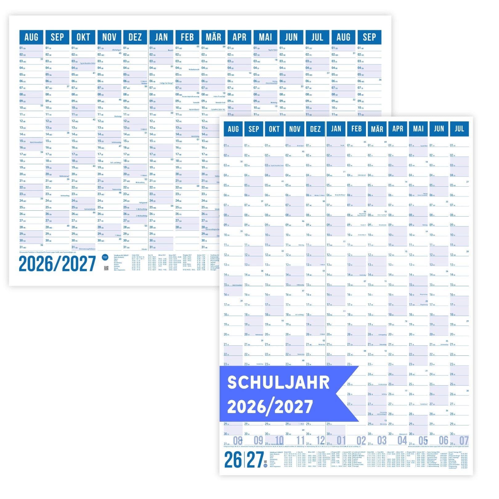 heaven+paper Jahresplaner Schuljahresplaner A1 2026/2027 Blau Querformat/Hochformat, Hergestellt in Deutschland