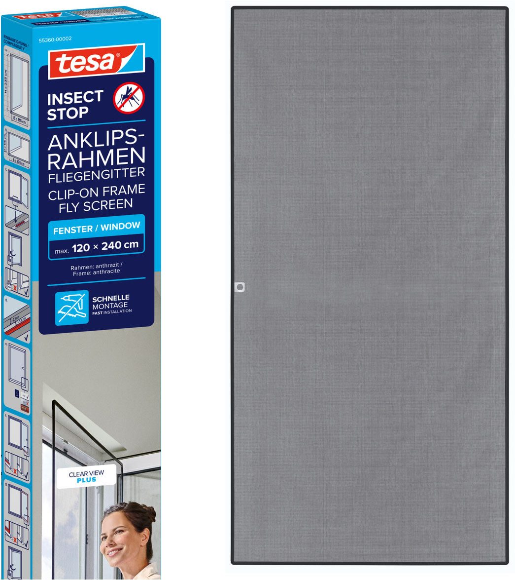 tesa Insektenschutz-Fensterrahmen Anklips-Rahmen Fliegengitter für Fenster, Anthrazit (Durchsichtig), (Packung, 1-St., inkl. Fiberglas-Netz in Anthrazit, Rahmen und Halteklip-Lösung), INSECT STOP Netz aus Fiberglas, selbstklebende Halte-Klips, 1,2x2,4m