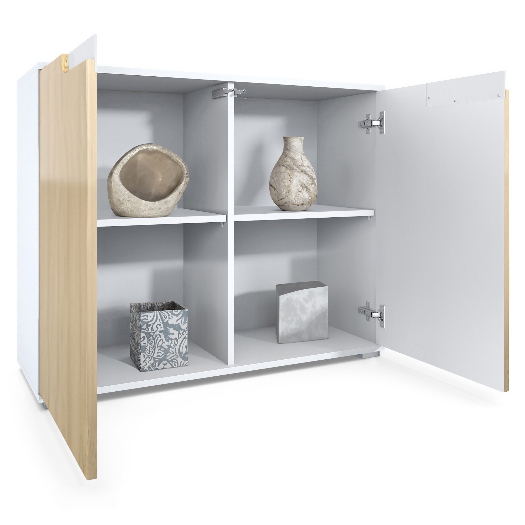 Vladon Kommode Sylt V3 (Moderner Küchenschrank, mit 2 großen Türen), Weiß matt / Hellgrau seidenmatt (92,5 x 75.5 x 35)