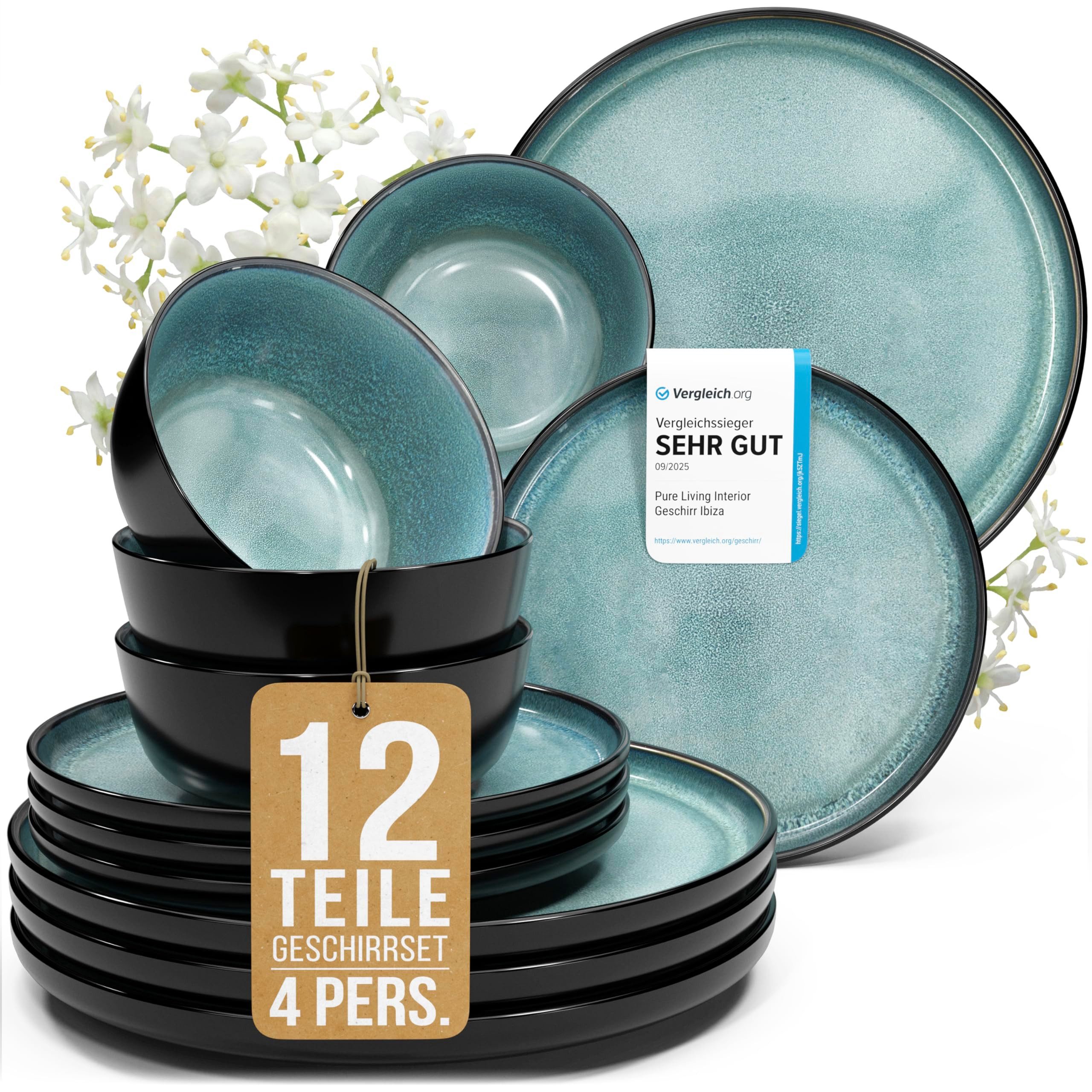 PURE LIVING INTERIOR DESIGN Geschirr-Set Steingut Geschirrset 4 Personen Ibiza 12 tlg. TESTSIEGER, Traumhaftes (12-tlg), 4 Personen, Steingut, Mediterrane Handwerksoptik, Reaktive Glasur – jedes Stück einzigartig…