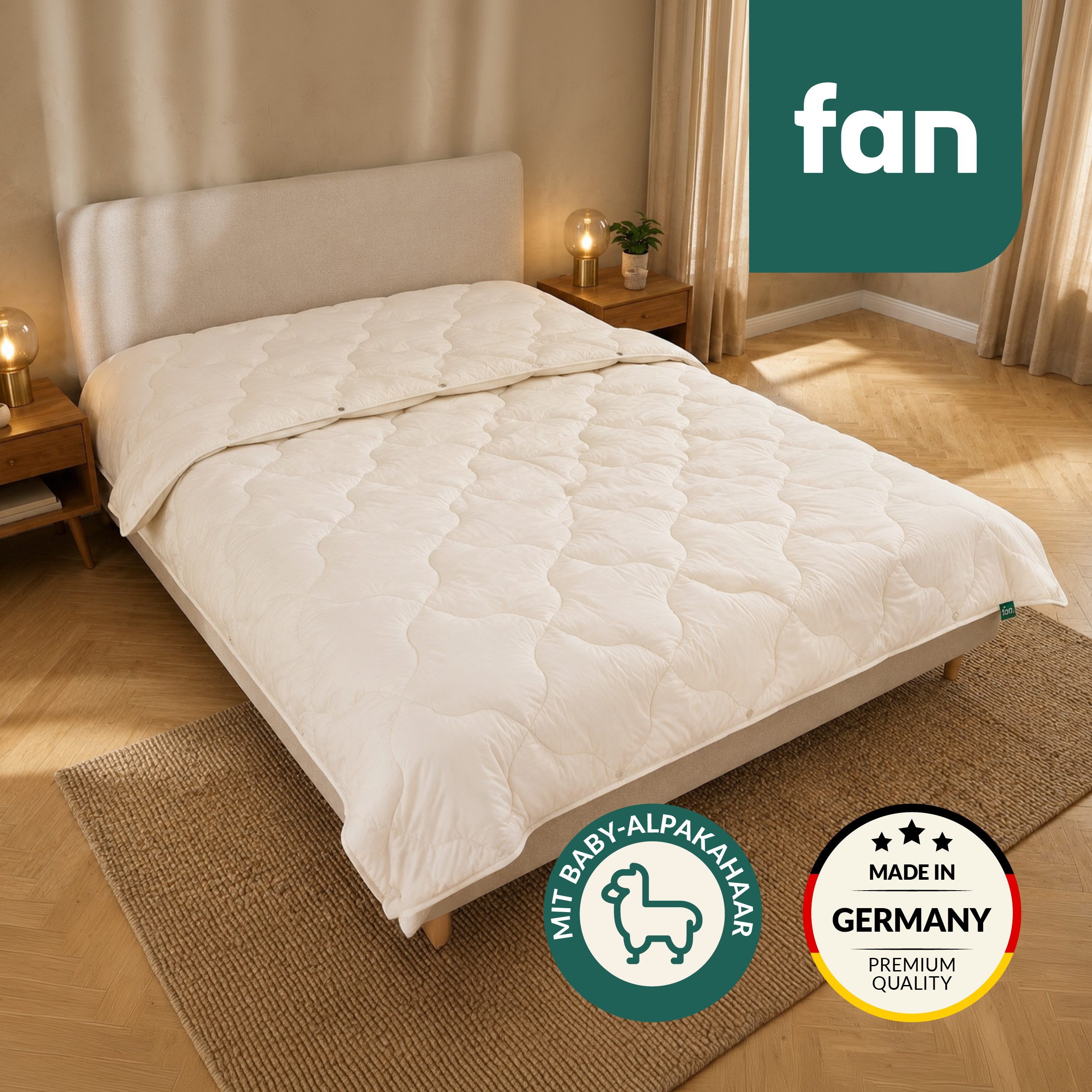 fan Naturhaarbettdecke Baby Alpaka, Bettdecke in 135x200 und weiteren Größen erhältlich, Füllung: 97% Alpaka & 3% sonstige Faser, Bezug: Bio-Baumwolle, Bettdecke aus Naturhaar hergestellt in Deutschland