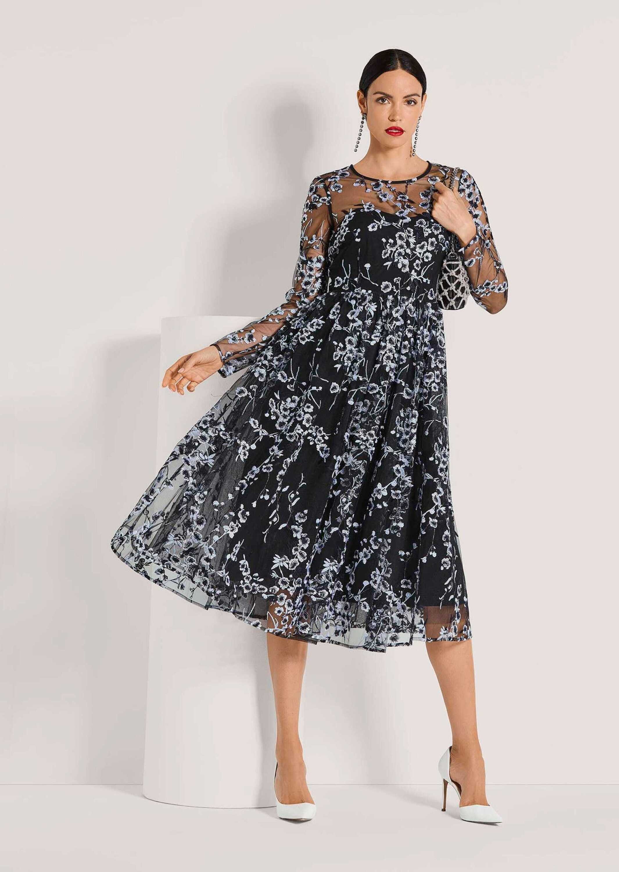 MADELEINE Midikleid Etuikleid mit Blumenmuster Eventkleid mit Rundhals, Knielänge und Langarm